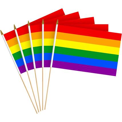 Front. G128 - 50 Pack Handheld Pride Stick Flags, 8x12 in, 150D Polyester, Wooden Stick with Gold Spear Tip - Assorted Colors.