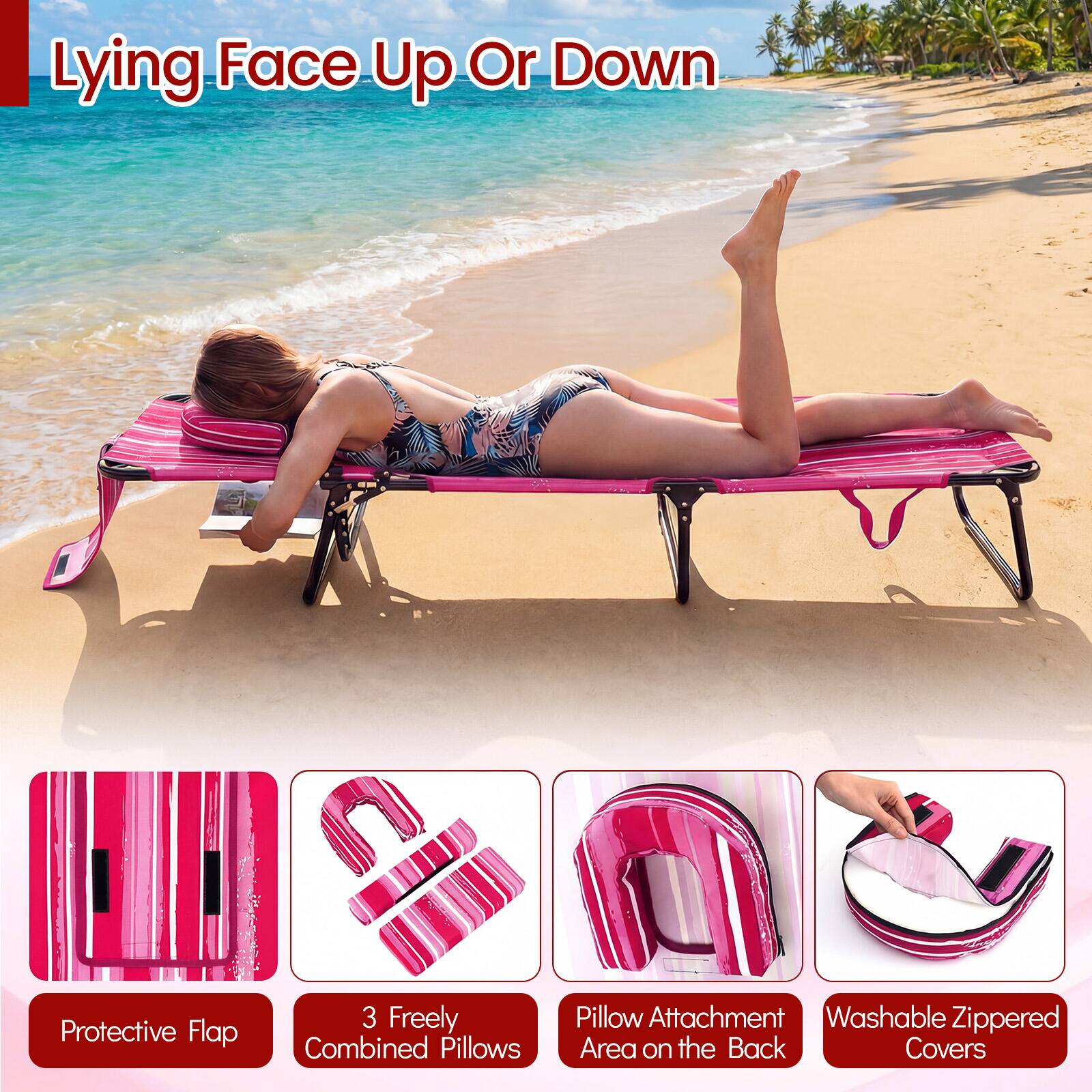 Lying Face Up Or Down

- Protective Flap
- 3 Freely Combined Pillows
- Pillow Attachment Area on the Back
- Washable Zippered Covers