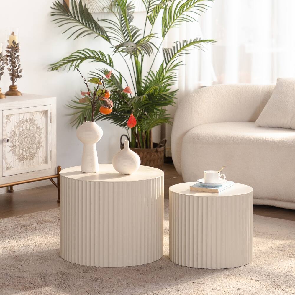 Alt View 6. Loheer - Loheer Beige Nesting Coffee Table Set of 2 Modern Drum Side Table Wave Stripe Round End Table for Living Room - Beige.