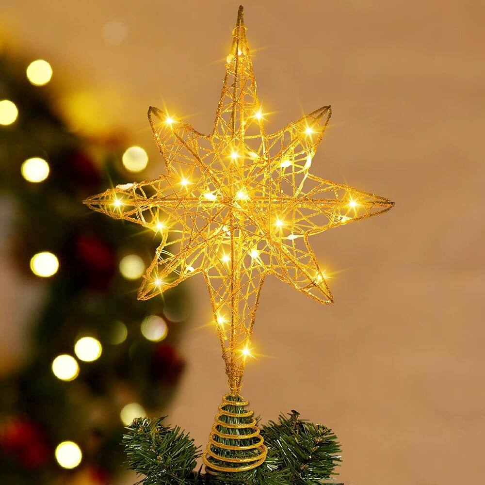 Front. PARKER SLATER - 13.5" Gold Star Tree Topper – 20 LED Lights, Lighted Christmas Decor - Gold.