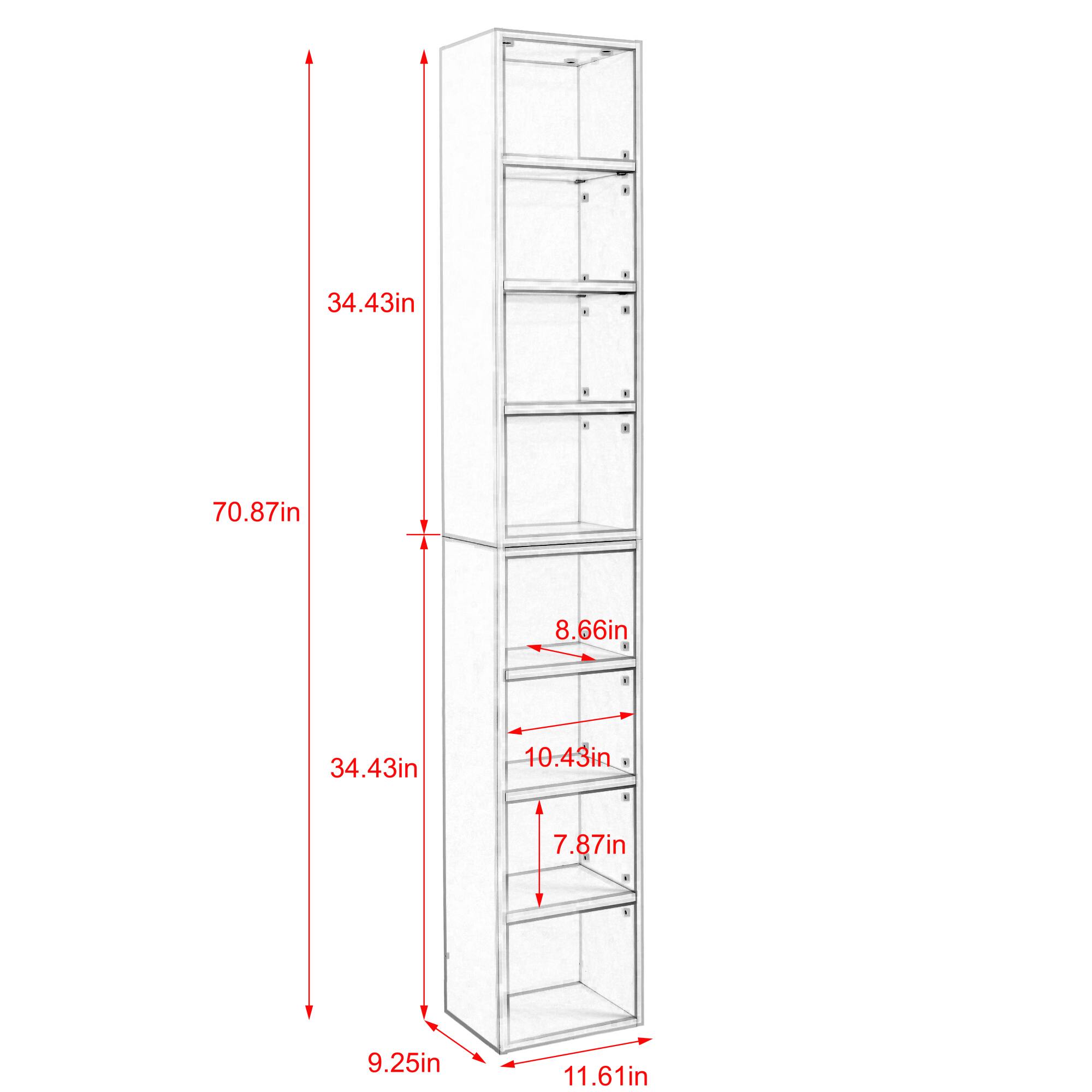 - Height: 70.87in
- Width: 34.43in
- Depth: 11.61in
- Shelf 1: 8.66in
- Shelf 2: 10.43in
- Shelf 3: 7.87in
- Shelf 4: 9.25in