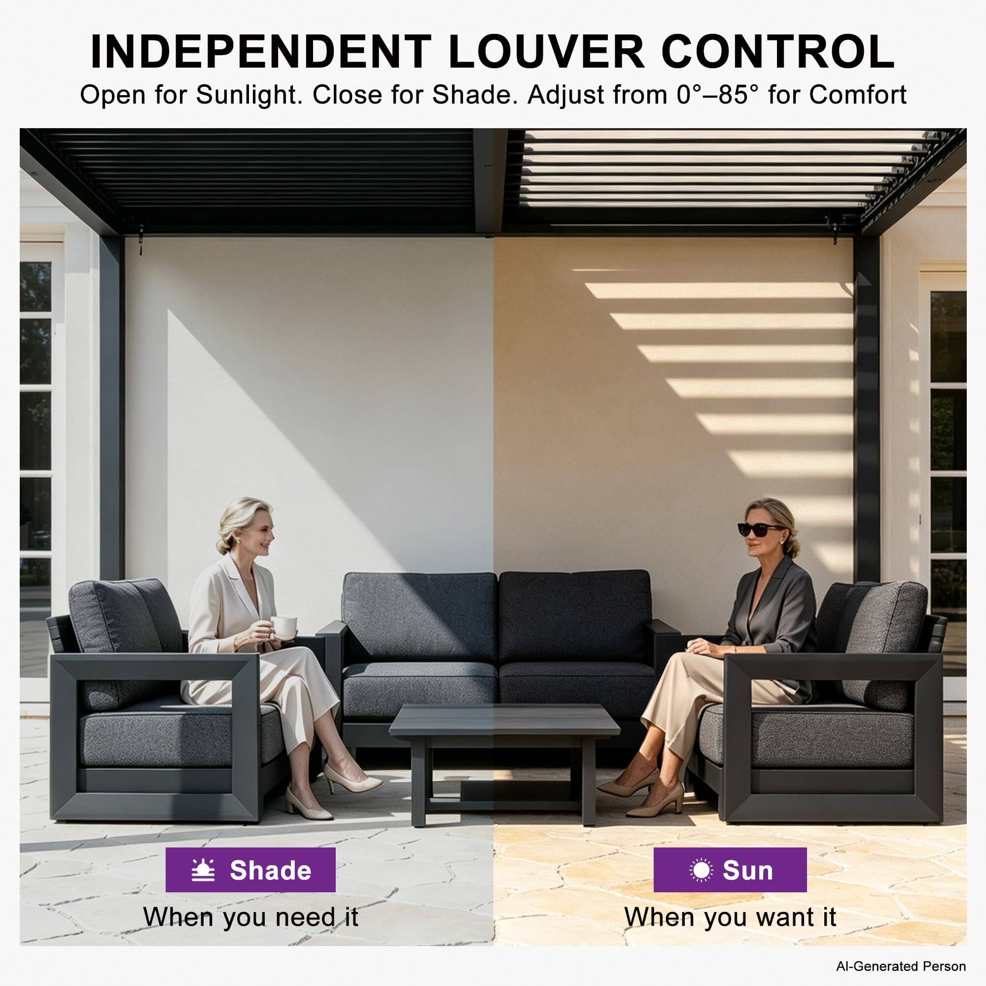 INDEPENDENT LOUVER CONTROL  
Open for Sunlight. Close for Shade. Adjust from 0°–85° for Comfort  

Shade  
When you need it  

Sun  
When you want it  

Al-Generated Person