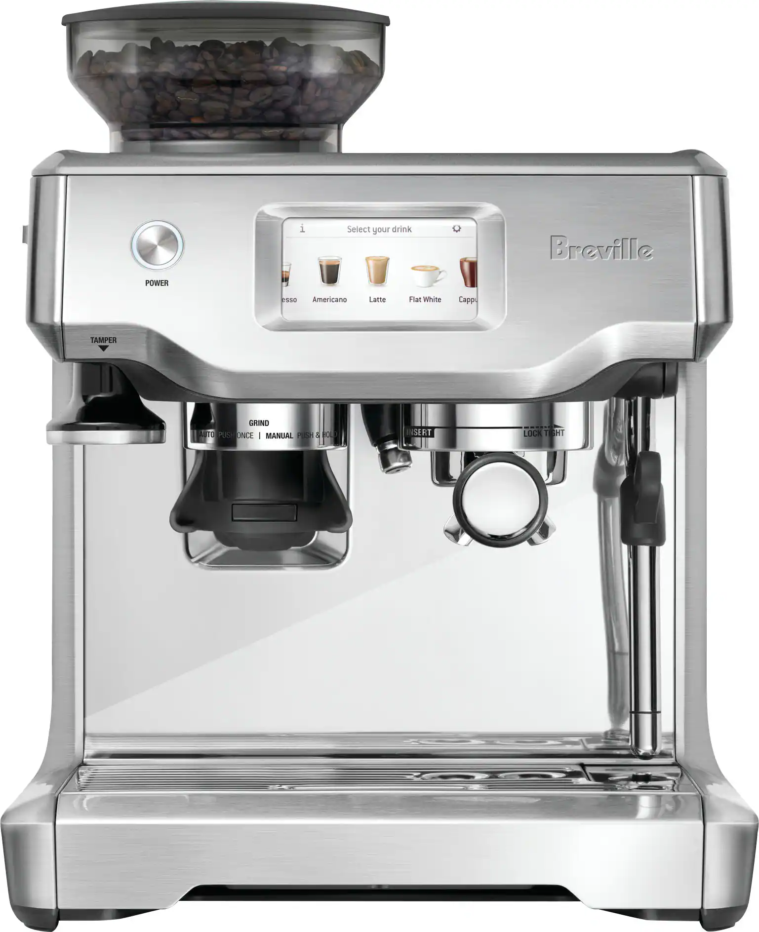 Front. Breville - the Barista Touch Espresso Machine with 9 bars of pressure, Milk Frother and integrated grinder - Stainless Steel.