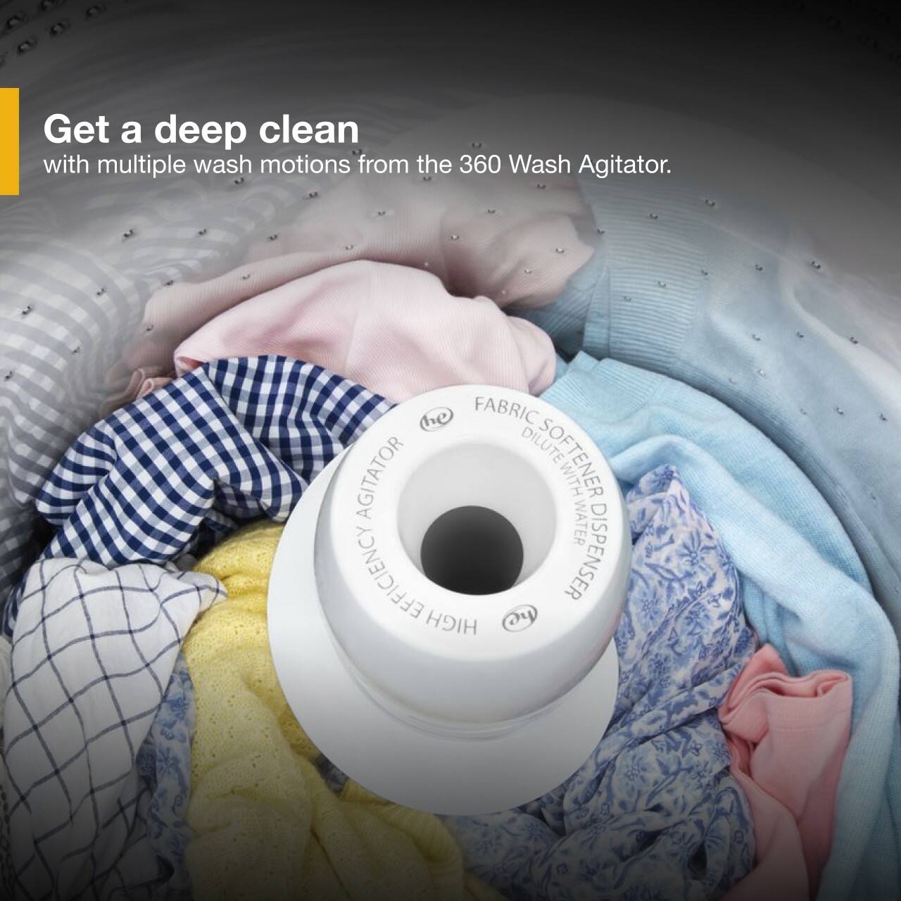 The image shows a washing machine with a 360 Wash Agitator, which is designed to provide a deep clean with multiple wash motions. The machine is filled with clothes, including a variety of shirts and other garments. The agitator is placed in the middle of the clothes, ensuring that they are thoroughly cleaned and mixed during the washing process. The machine also features a water efficiency dispenser, which helps to conserve water and reduce energy consumption.