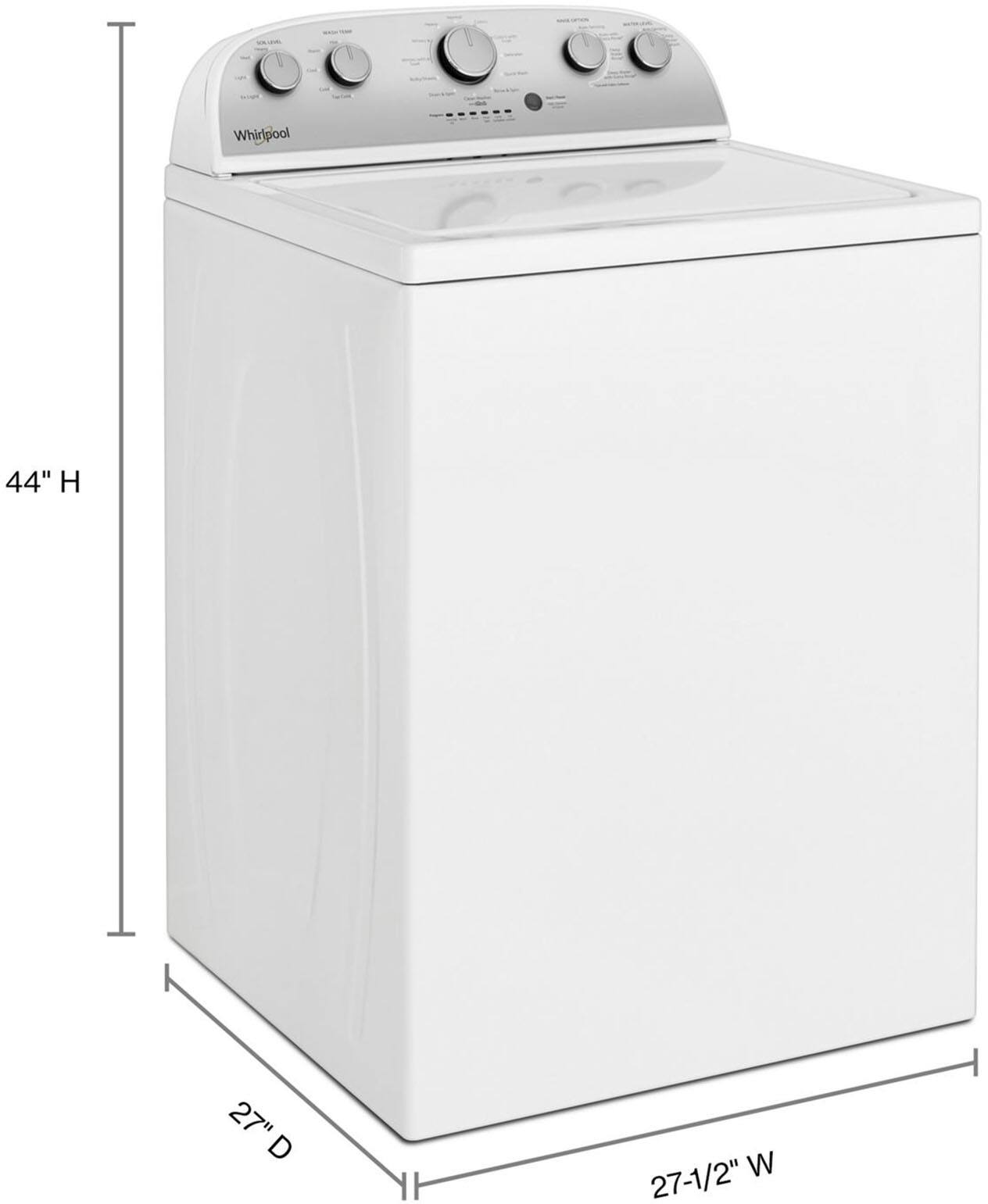 The image features a washer and dryer set, with the washer being a front load model. The washer has a 3.8 cu. ft. capacity and is equipped with a 360 wash agitator, soil level selection, and soaking cycles. The dryer is also a front load model, and the two appliances are placed side by side.