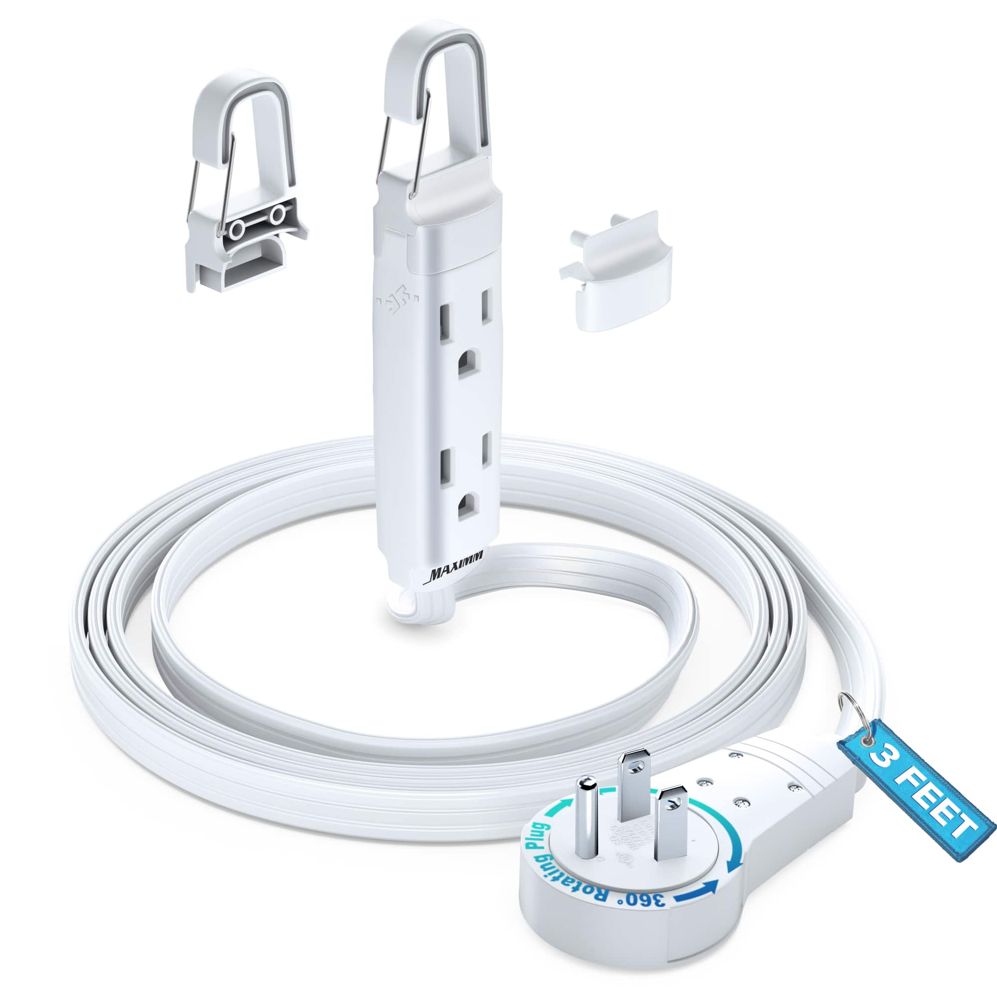 Maximm - 360° Rotating Flat Plug Extension Cord with a Removable Hook, Extension Cord 3 ft (16 Gauge) UL Certified - White