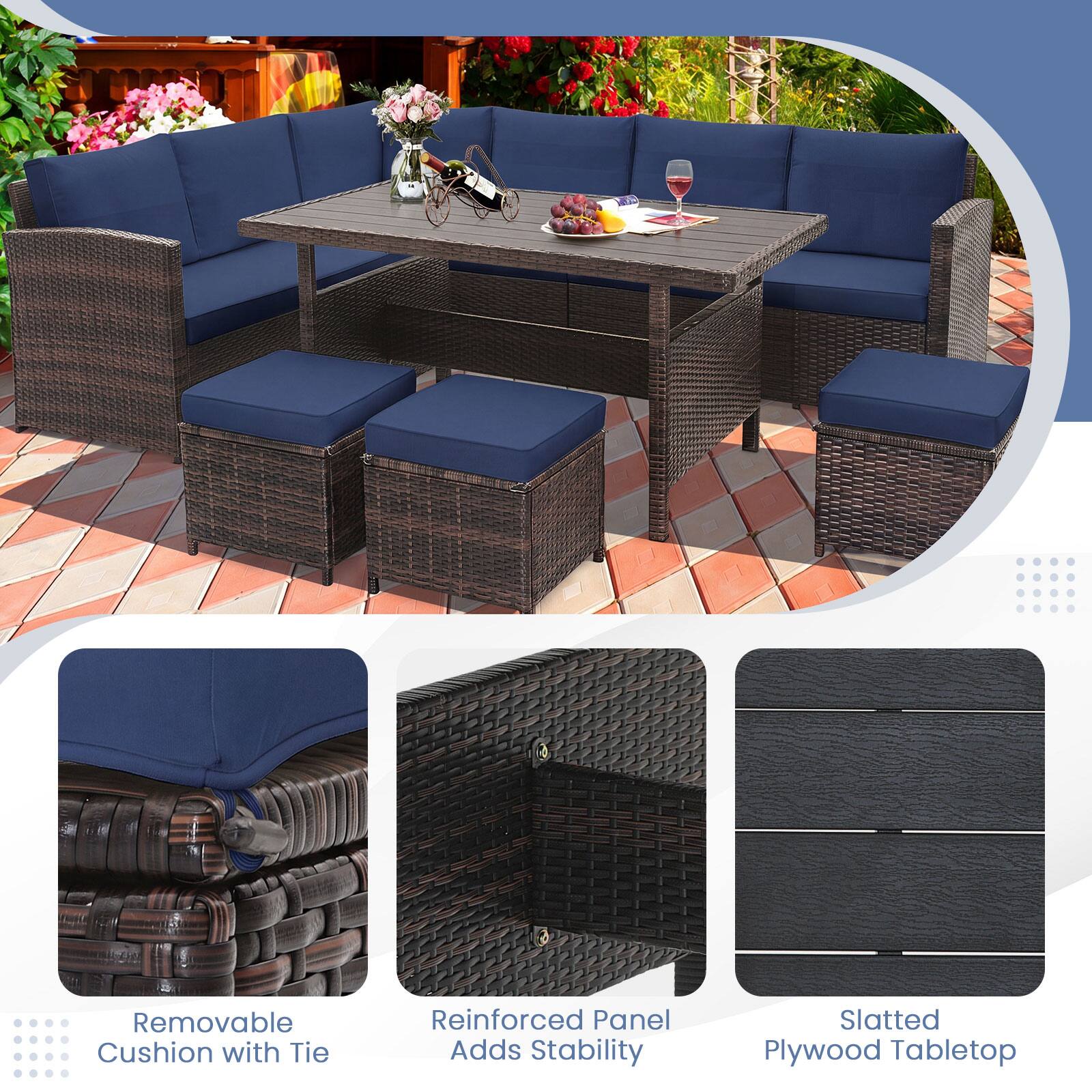 - Removable Cushion with Tie
- Reinforced Panel Adds Stability
- Slatted Plywood Tabletop