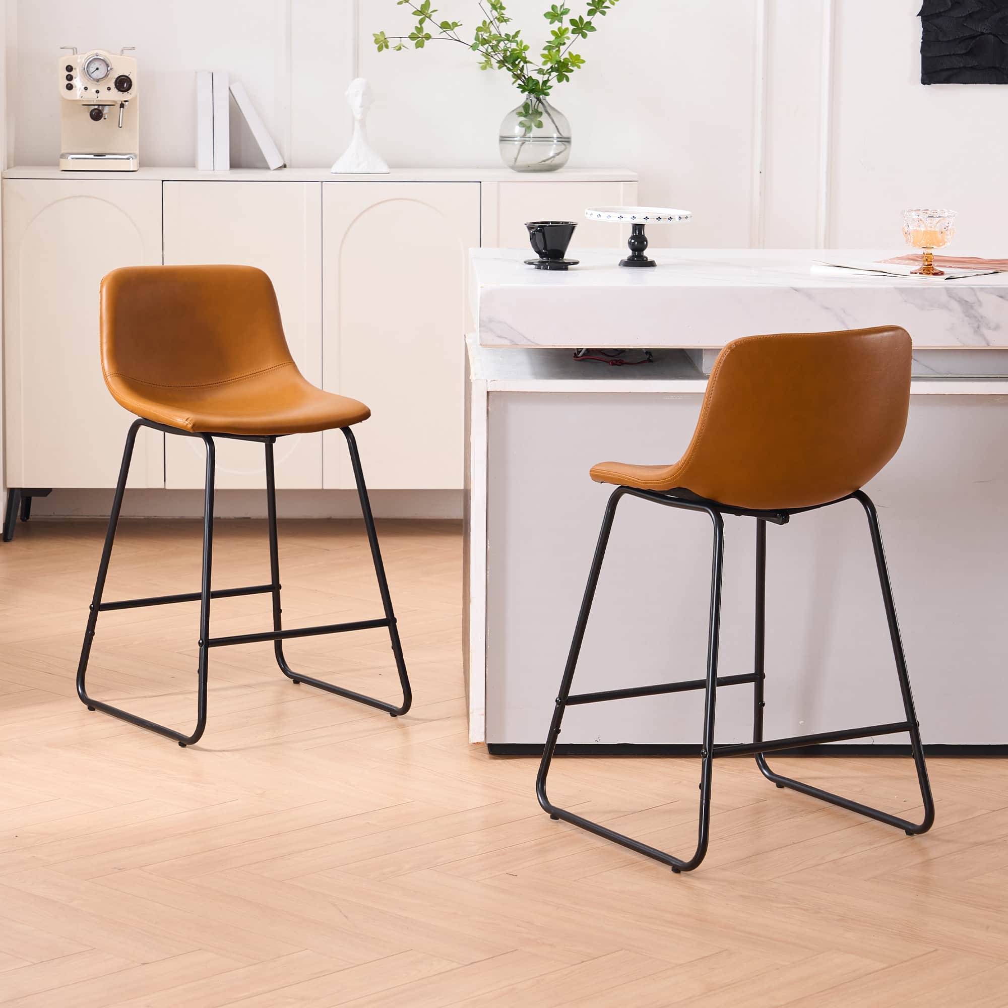 FERPIT - Bar Stools Set of 2 Faux Leather Counter Height Bar Stools with Back, 24" - Brown