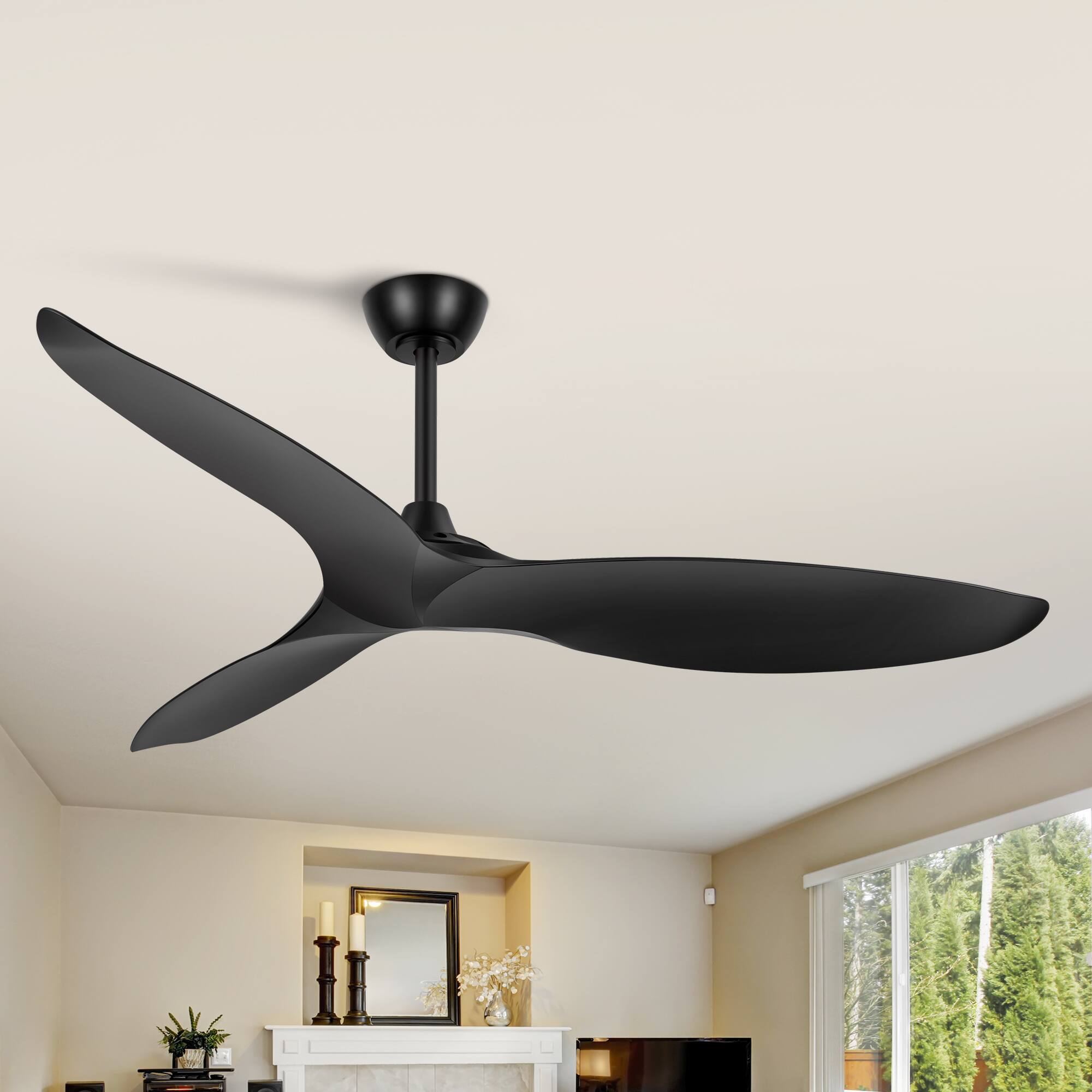 Back. Breezary - 56-Inch Indoor Ceiling Fan with 3 ABS Blades, 5’’ & 10’’ Downrods,  Reversible DC Motor, 6-Speed Remote Control - Matte Black.