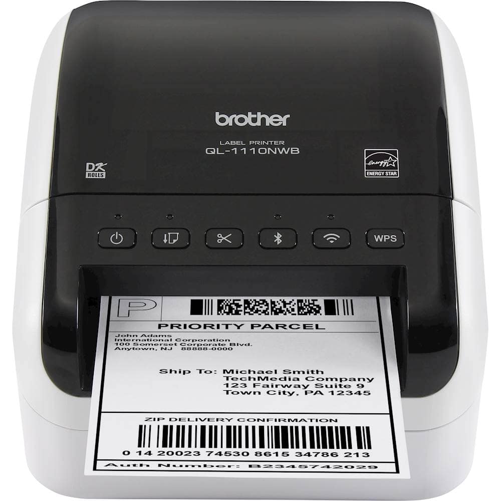 brother DK ROLLS LABEL PRINTER QL-1110NWB ENERGY STAR x WPS P PRIORITY PARCEL John Adams International Corporation 100. Samarsat Corporate BIvd. Anylown, NJ 0000-80888 Ship To: Michael Smith TechMedia Company 123 Fairway Suite Town City. PA 12345 ZIP DELIVERY CONFIRMATION O 14 20023 74530 8615 34786 213 Auth Number: B2345742029