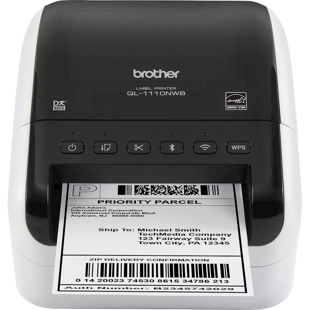 brother DK ROLLS LABEL PRINTER QL-1110NWB ENERGY STAR x WPS P PRIORITY PARCEL John Adams International Corporation 100. Samarsat Corporate BIvd. Anylown, NJ 0000-80888 Ship To: Michael Smith TechMedia Company 123 Fairway Suite Town City. PA 12345 ZIP DELIVERY CONFIRMATION O 14 20023 74530 8615 34786 213 Auth Number: B2345742029