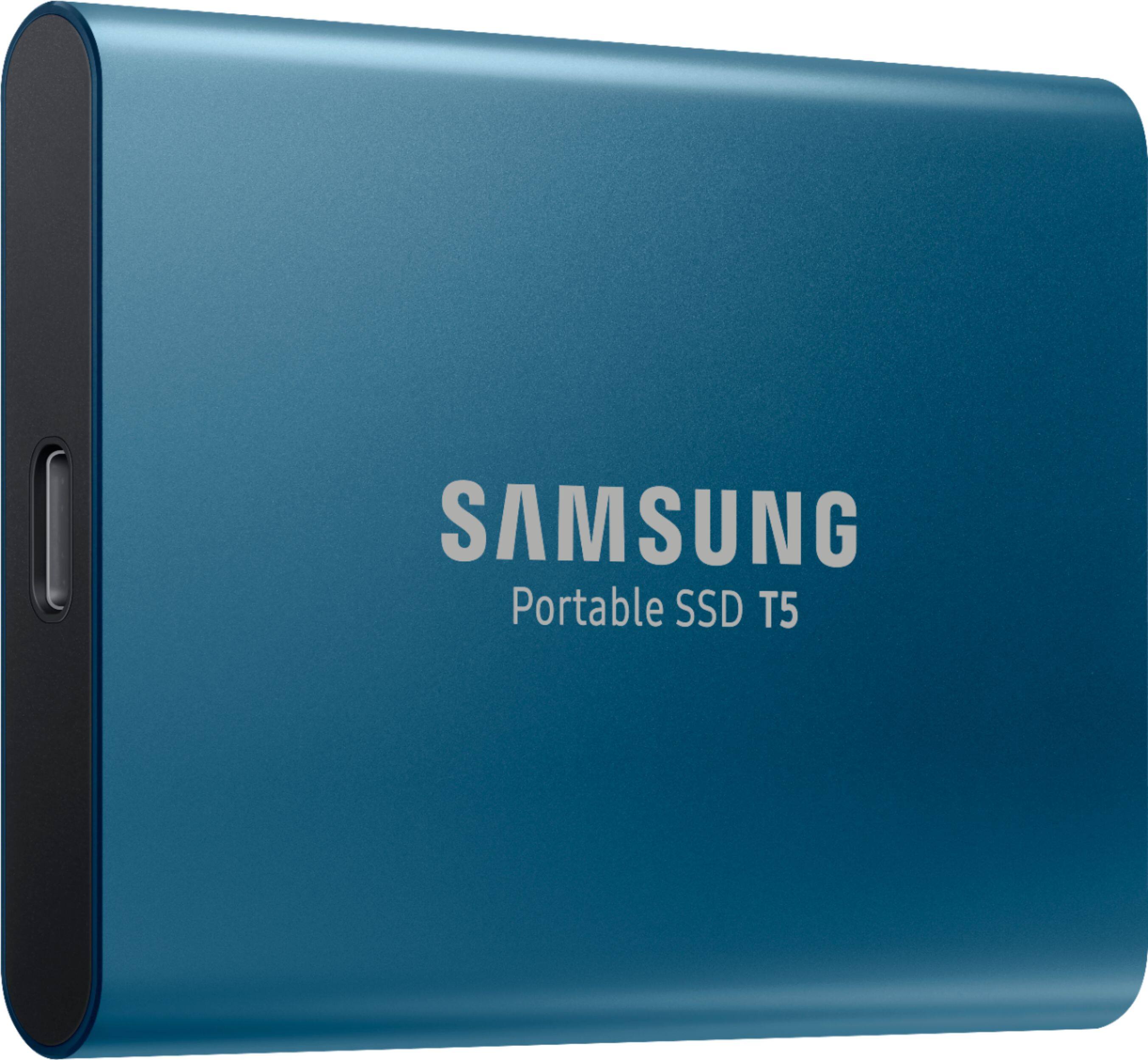 Angle. Samsung - Geek Squad Certified Refurbished T5 500GB External USB, Type-C Portable SSD - Alluring Blue.