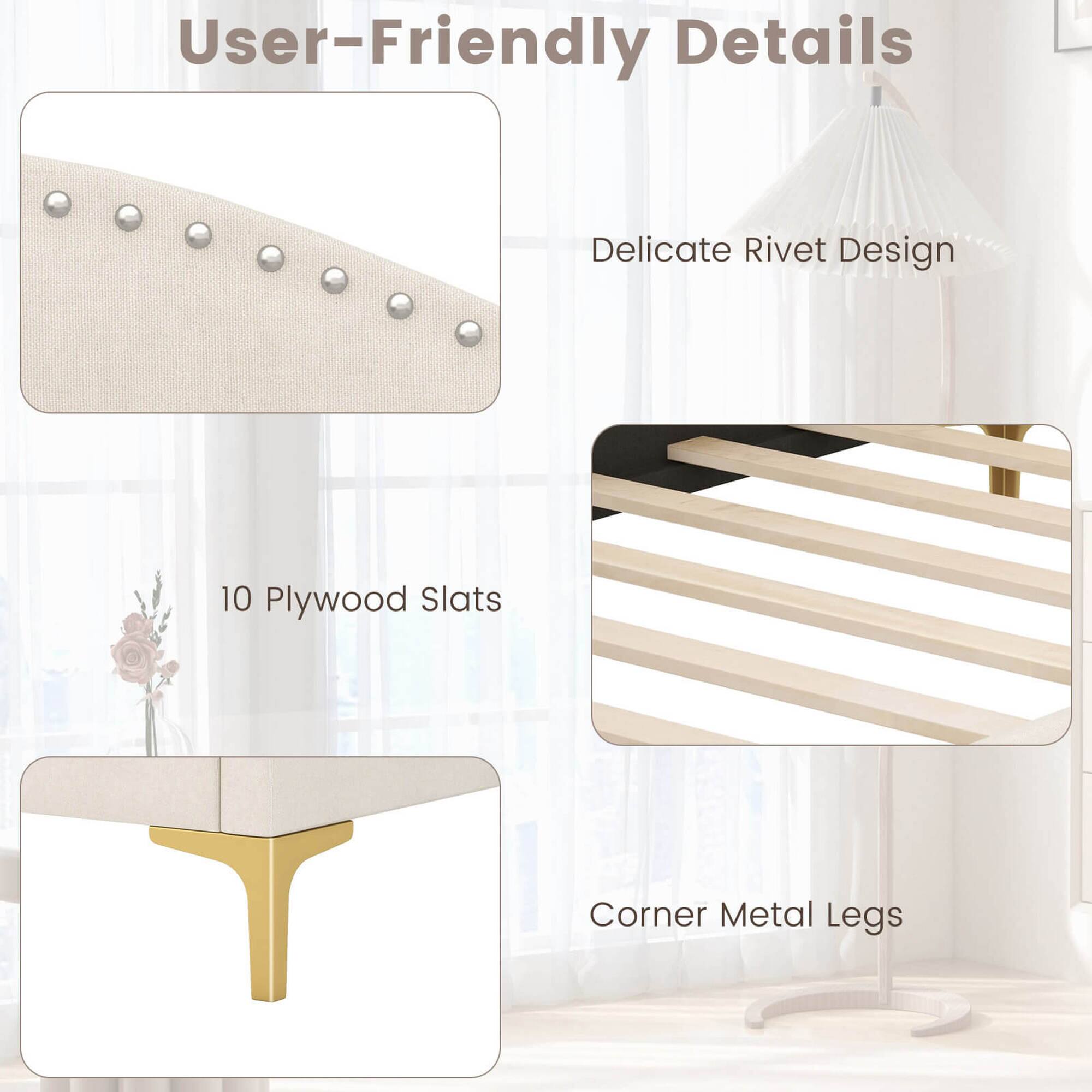 User-Friendly Details: Delicate Rivet Design, 10 Plywood Slats, Corner Metal Legs.