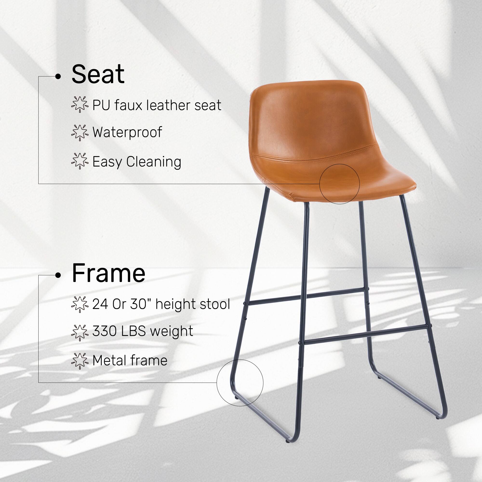 Seat: PU faux leather seat, Waterproof, Easy Cleaning
Frame: 24 Or 30" height stool, 330 LBS weight, Metal frame