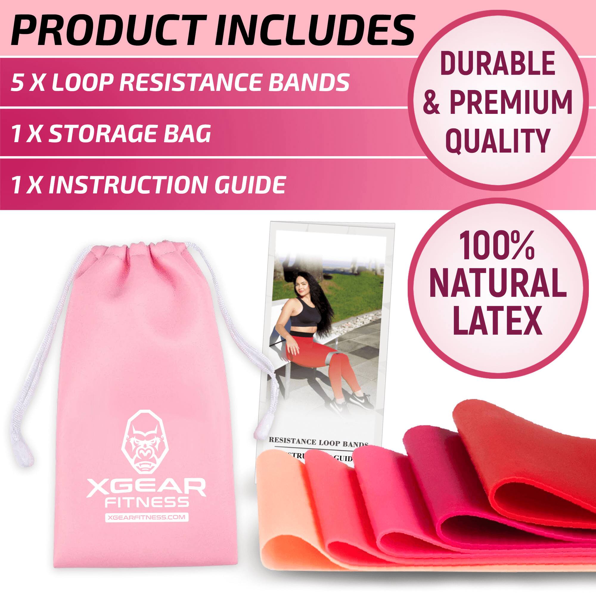 PRODUCT INCLUDES

5 X LOOP RESISTANCE BANDS

1 X STORAGE BAG

1 X INSTRUCTION GUIDE

DURABLE & PREMIUM QUALITY

100% NATURAL LATEX

XGEAR FITNESS

XGEARFITNESS.COM