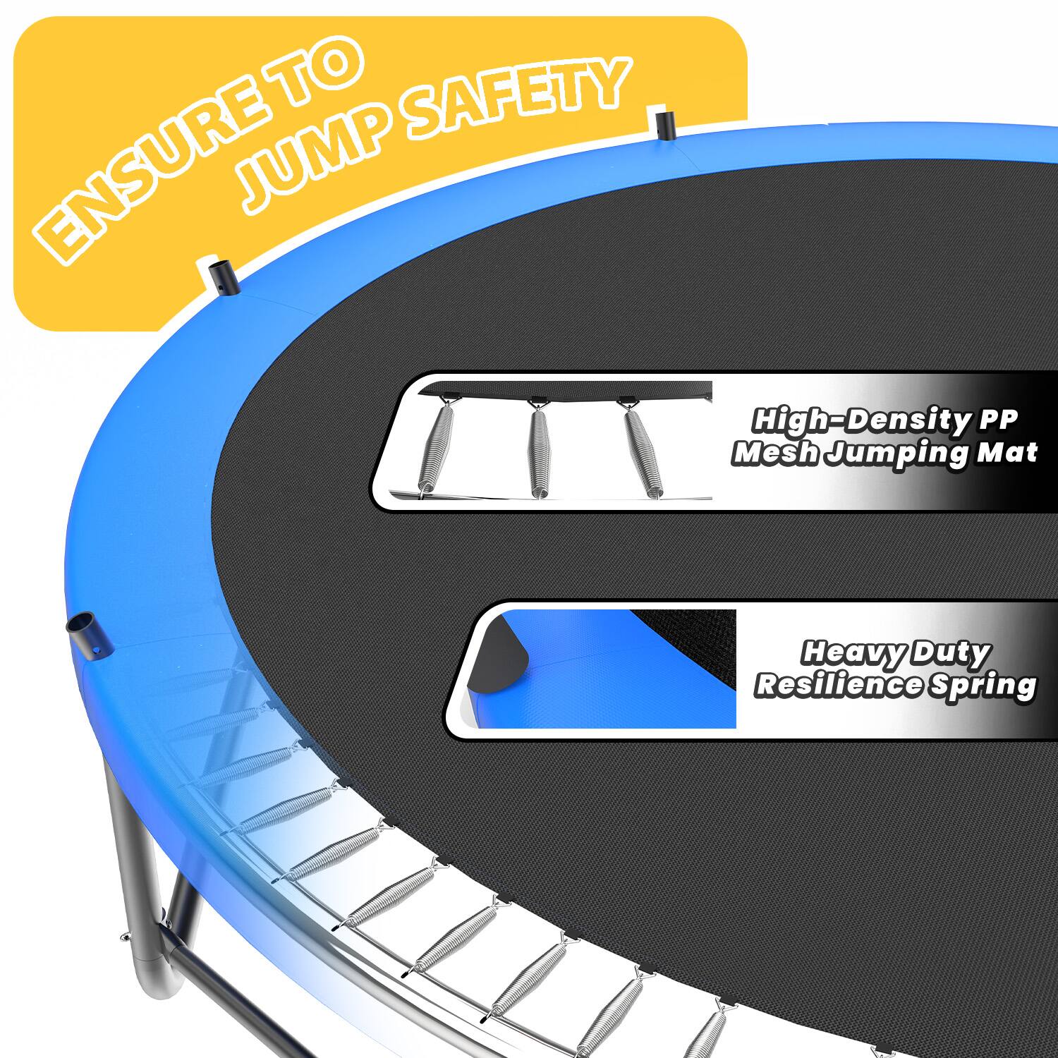 To ensure jump safety, this high-density PP mesh jumping mat features a heavy-duty resilience spring.