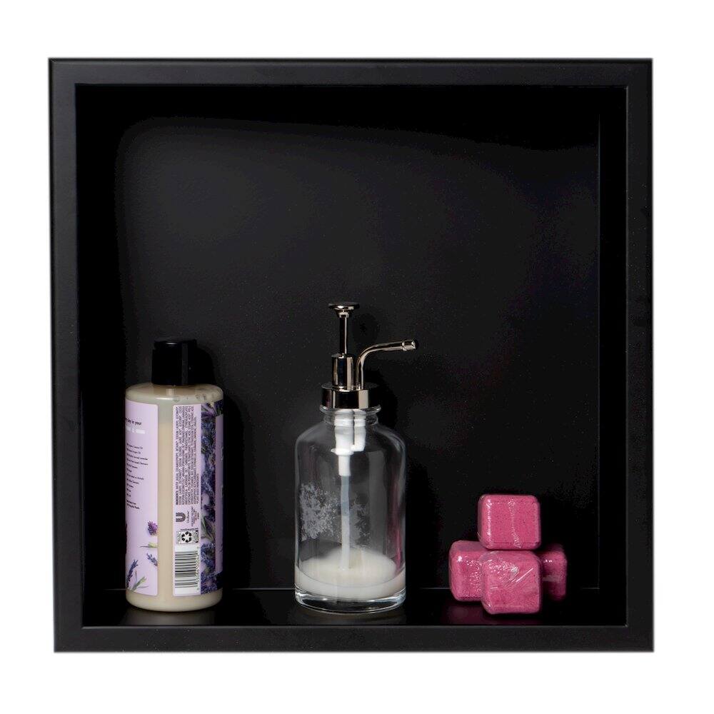 Angle. Alfi - 16" x 16" Black Matte Stainless Steel Square Single Shelf Bath Shower Niche - Black.