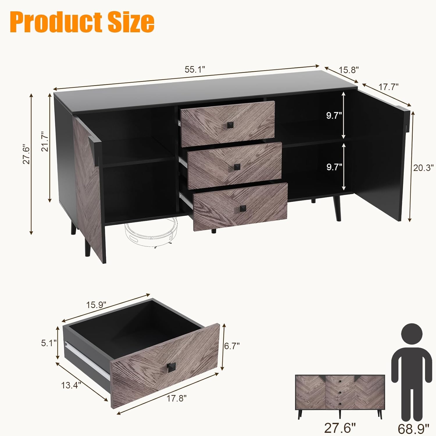 Product Size

- Length: 55.1"
- Width: 15.8"
- Height: 20.3"
- Drawer Height: 9.7"
- Drawer Width: 17.7"
- Shelf Height: 27.6"
- Shelf Width: 21.7"
- Drawer Box Length: 15.9"
- Drawer Box Width: 17.8"
- Drawer Box Height: 5.1"
- Drawer Box Depth: 13.4"
- Drawer Box Height: 6.7"
- Overall Height: 68.9"