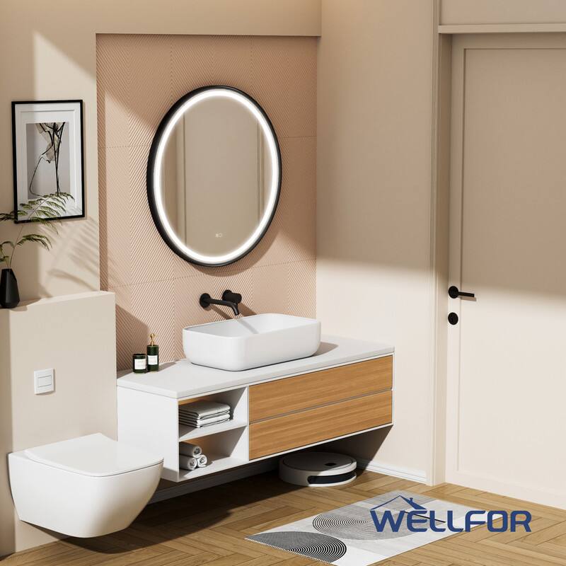 Angle. WELLFOR - 32 in Framed Round LED Bathroom Mirror, Anti-Fog Wall-Mounted Vanity Mirror with Dimmable& Memory Function - Matte Black.