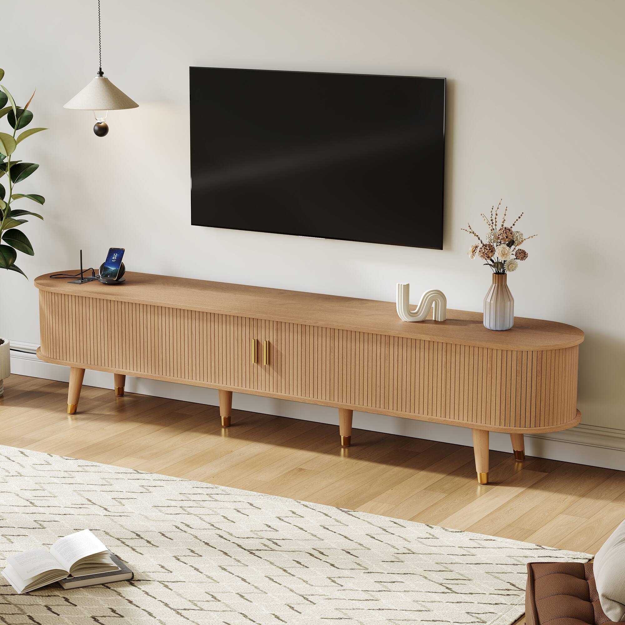 Angle. TinyHomie - Wooden Oval Fluted TV Stand with Charging Station for TV up to 80in Mid-Century Media Console with Sliding Tambour Door - Natural.