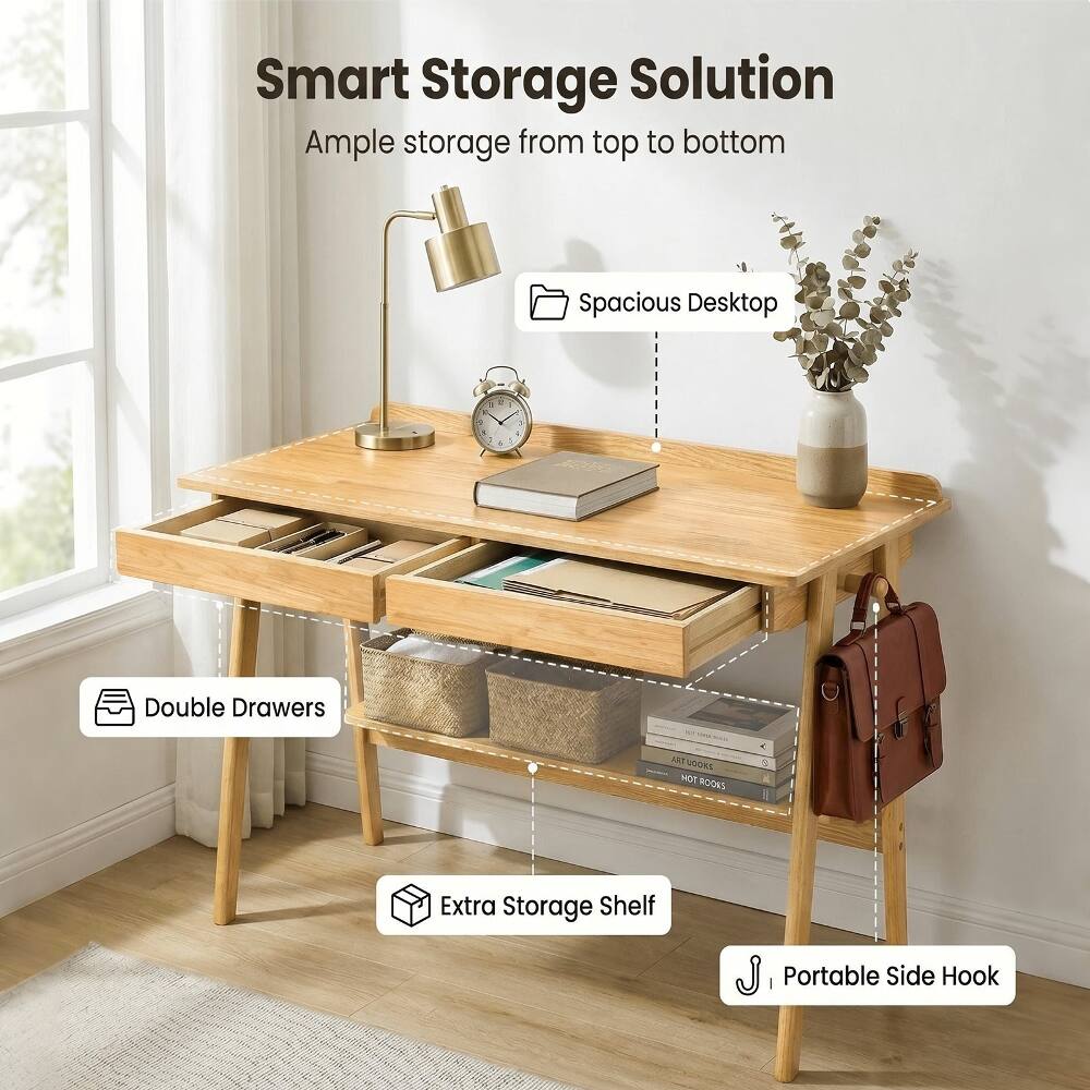 Smart Storage Solution  
Ample storage from top to bottom

- Spacious Desktop
- Double Drawers
- Extra Storage Shelf
- Portable Side Hook