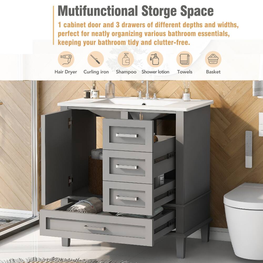 Mutifunctional Storage Space  
1 cabinet door and 3 drawers of different depths and widths, perfect for neatly organizing various bathroom essentials, keeping your bathroom tidy and clutter-free.  
Hair Dryer Curling iron Shampoo Shower lotion Towels Basket