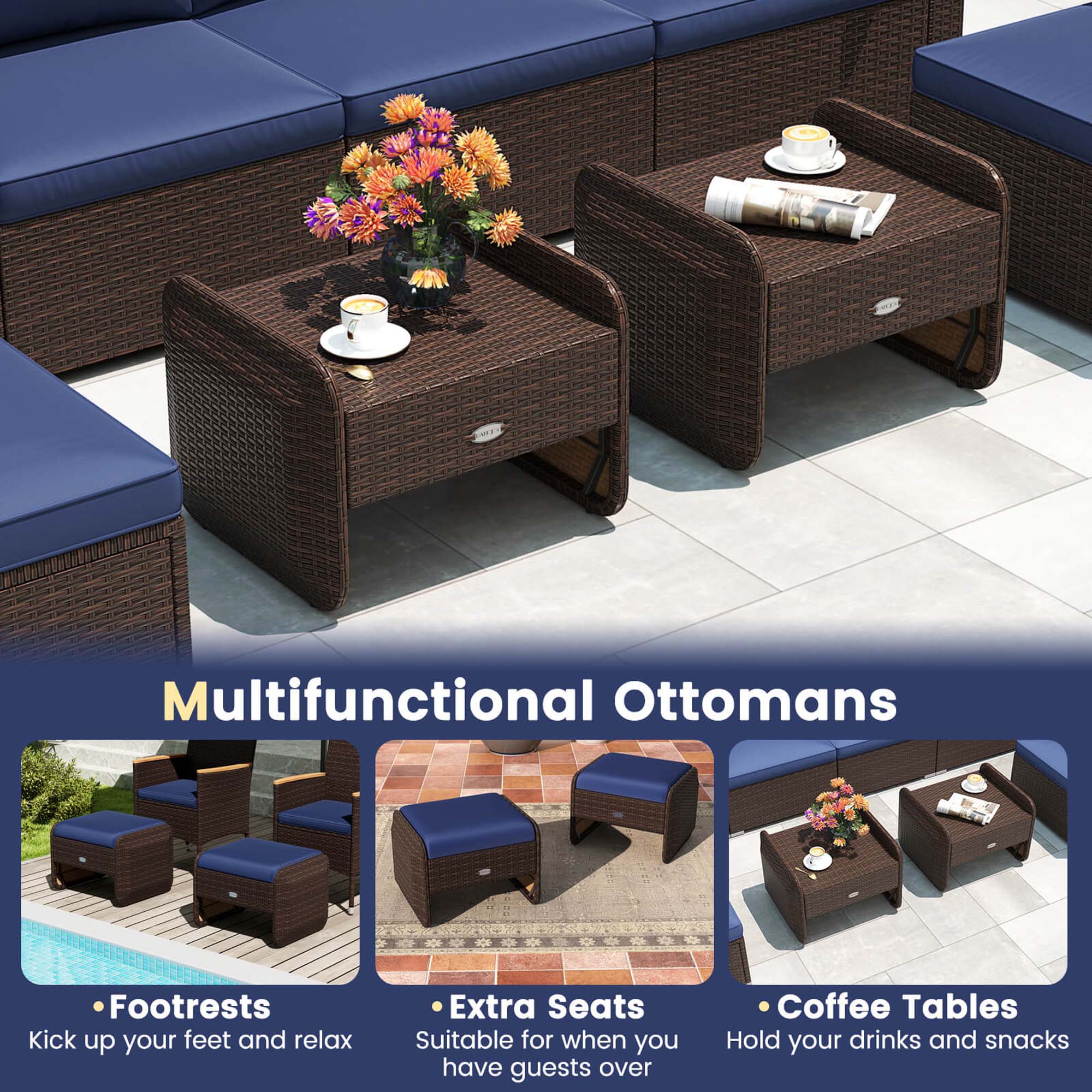 Multifunctional Ottomans: Kick up your feet and relax. Extra Seats: Suitable for when you have guests over. Coffee Tables: Hold your drinks and snacks.