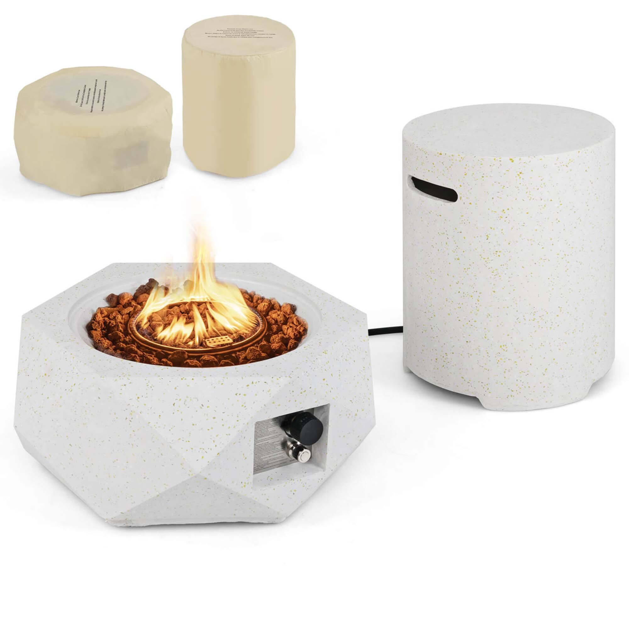 Costway - 28" Hexagon Terrazzo Propane Gas Fire Pit Table Set with Hideaway Tank Holder - White