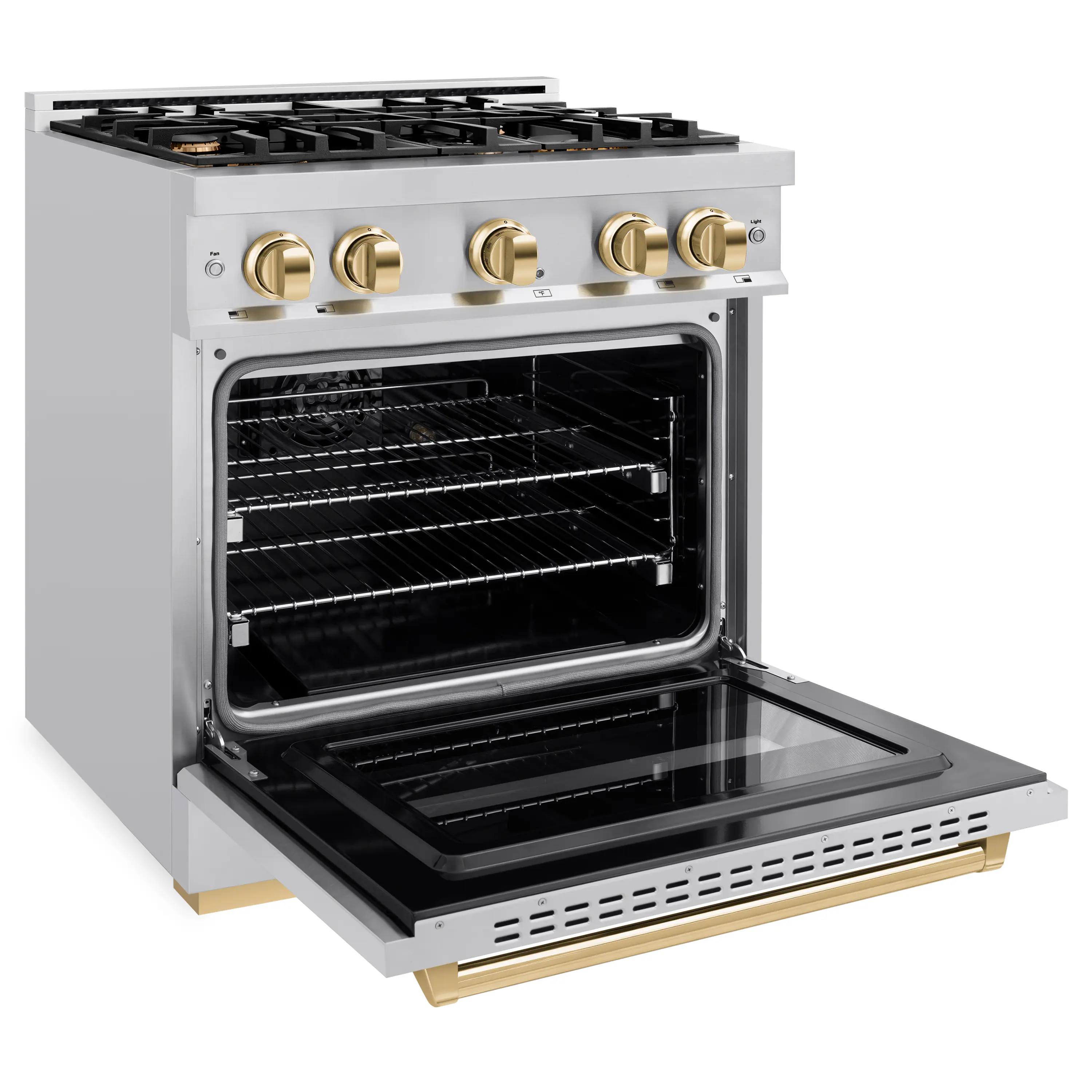Left. ZLINE - Autograph 30" Classic Dual Fuel Range w/ 4 Burners & Polished Gold Accents (CDRZ-30-G) - Stainless Steel.