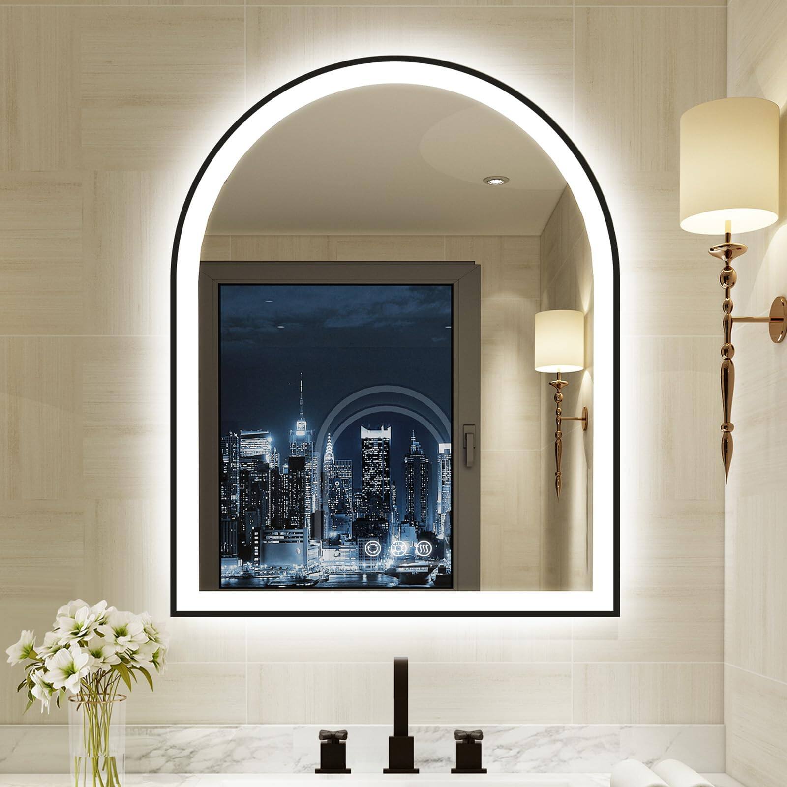 Front. COTTAGE - Arched Led Bathroom Mirror With Lights anti fog Dimmable led For Colors - Black 30"L x 24"W.