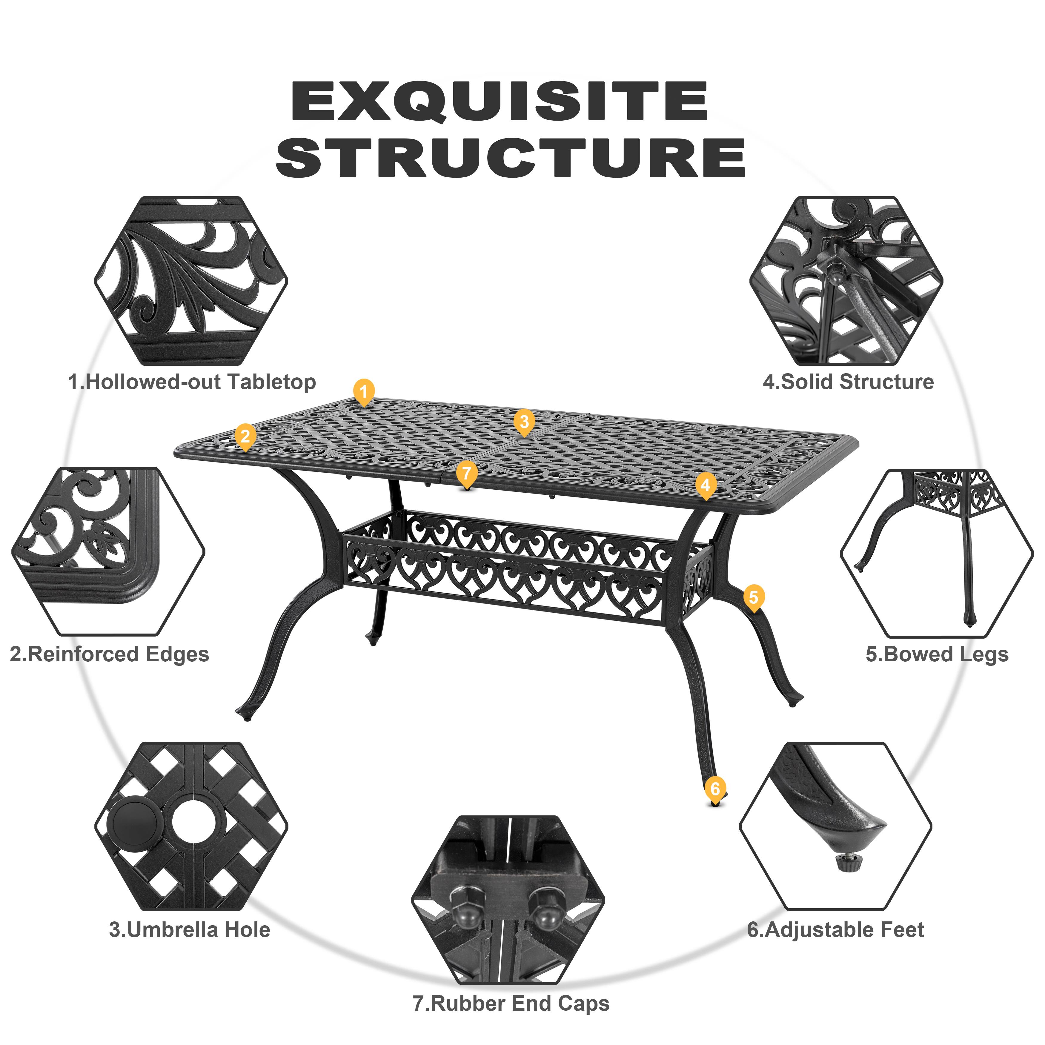 EXQUISITE STRUCTURE
1. Hollowed-out Tabletop
2. Reinforced Edges
3. Umbrella Hole
4. Solid Structure
5. Bowed Legs
6. Adjustable Feet
7. Rubber End Caps