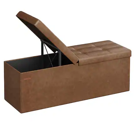 Front. Songmics Home - 110 cm Storage Ottoman Bench with Flipping Lid, Storage Chest with Iron Frame Support, Load 300 kg, Synthetic Leather - Coffee Brown.