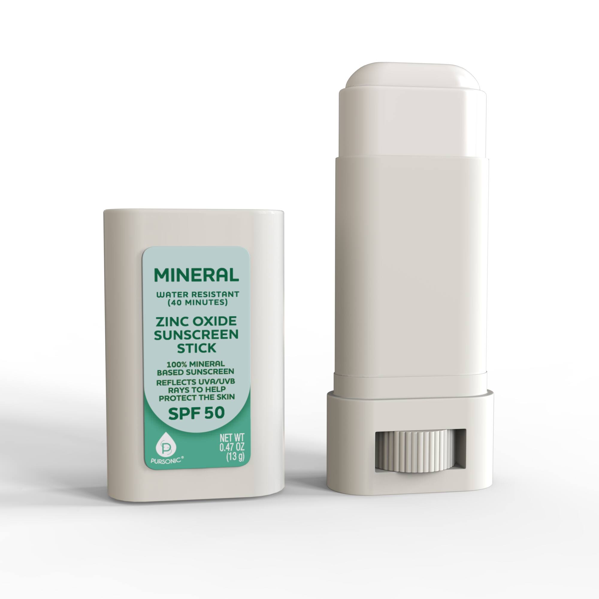 MINERAL WATER RESISTANT (40 MINUTES) ZINC OXIDE SUNSCREEN STICK 100% MINERAL BASED SUNSCREEN REFLECTS UVA/UVB RAYS TO HELP PROTECT THE SKIN SPF 50 PURSONIC NET WT 0.47 OZ (13 g)