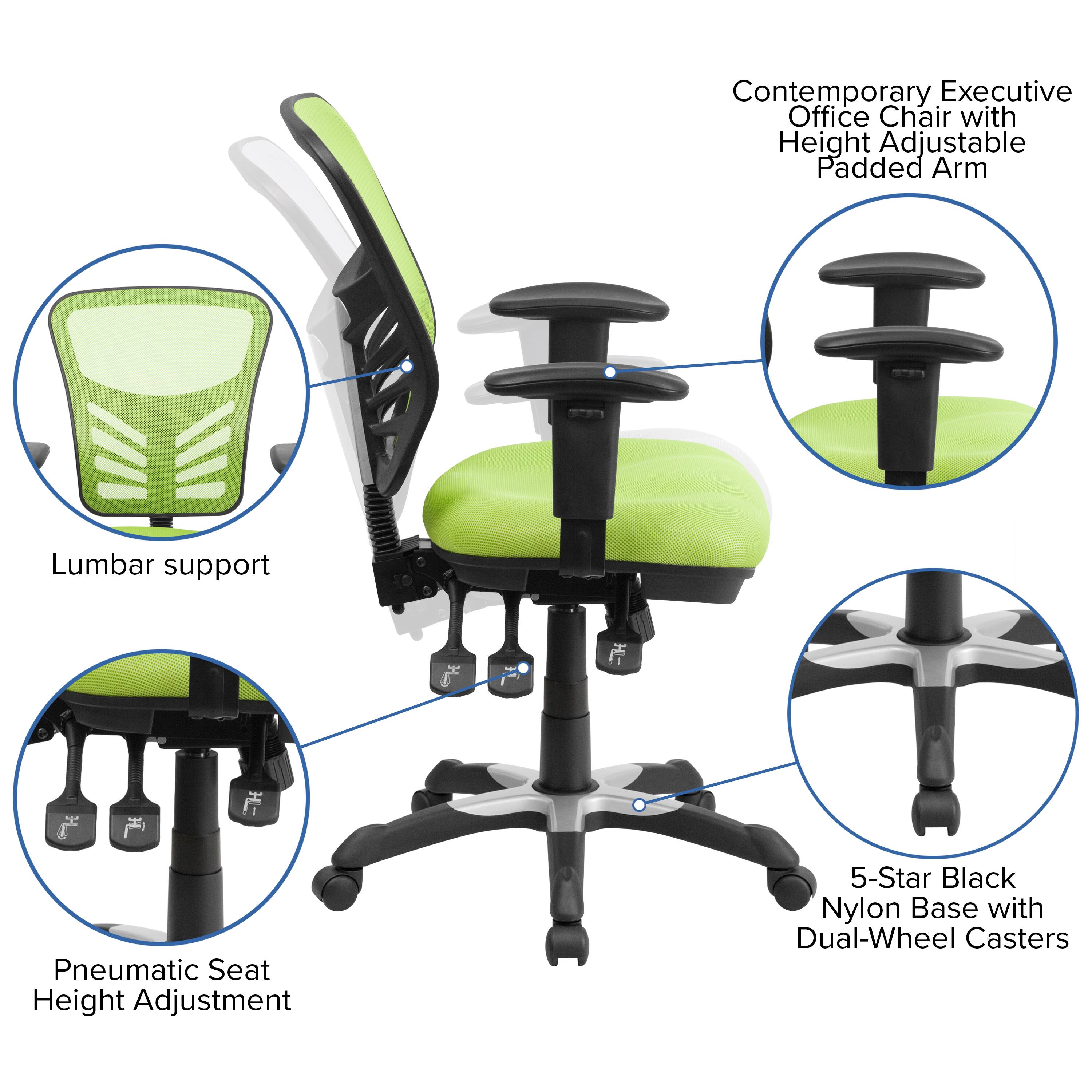 Contemporary Executive Office Chair with Height Adjustable Padded Arm Lumbar support  
Pneumatic Seat Height Adjustment  
5-Star Black Nylon Base with Dual-Wheel Casters