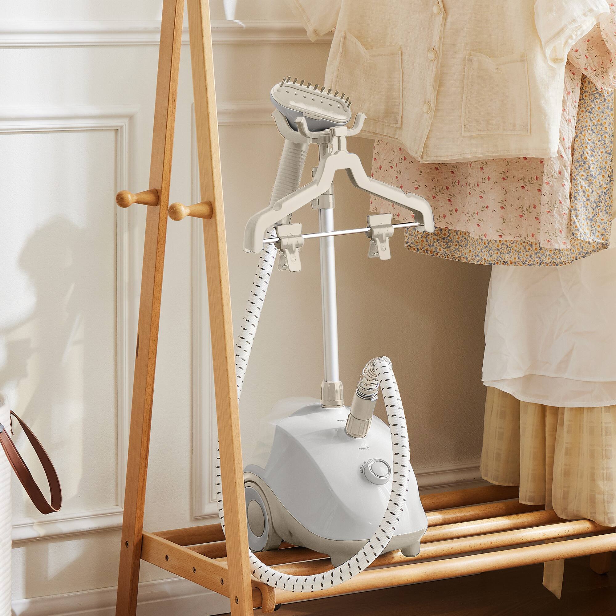 Left. Bestier - Standing Garment Steamer, 1500W Powerful Steamer for Clothes, Roll Wheels, 1.7L Water Tank, 55 Min Continuous Steaming - Light Grey.