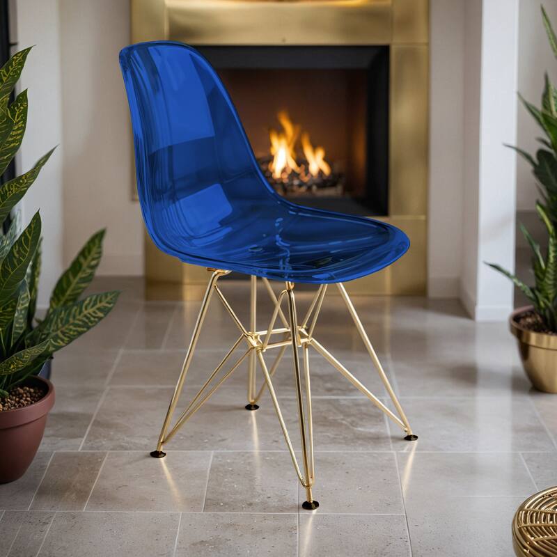 Angle. LeisureMod - Cresco Modern Acrylic Dining Chair with Ergonomic Seat and Gold Steel Base - Transparent Blue.