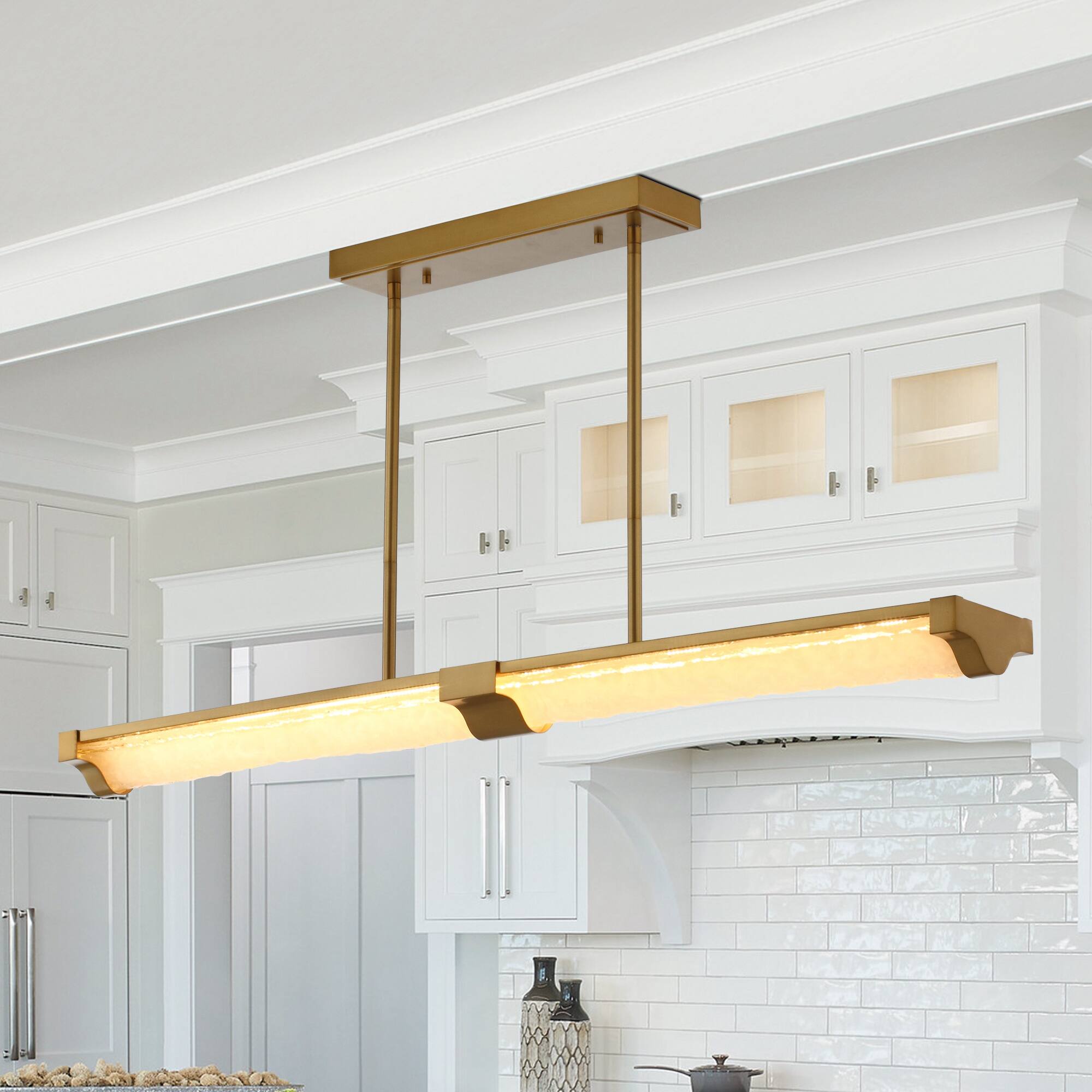 Front. Perimost - 50'' Modern LED Ceiling Light with Glass Shade and Adjustable Rod - Gold.