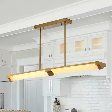 Front. Perimost - 50'' Modern LED Ceiling Light with Glass Shade and Adjustable Rod - Gold.