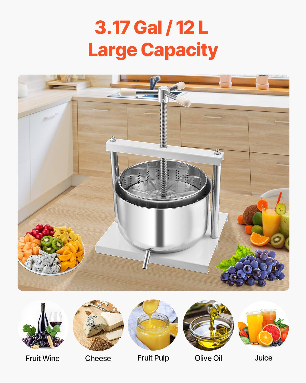 3.17 Gal / 12 L  
Large Capacity  

Fruit Wine  
Cheese  
Fruit Pulp  
Olive Oil  
Juice