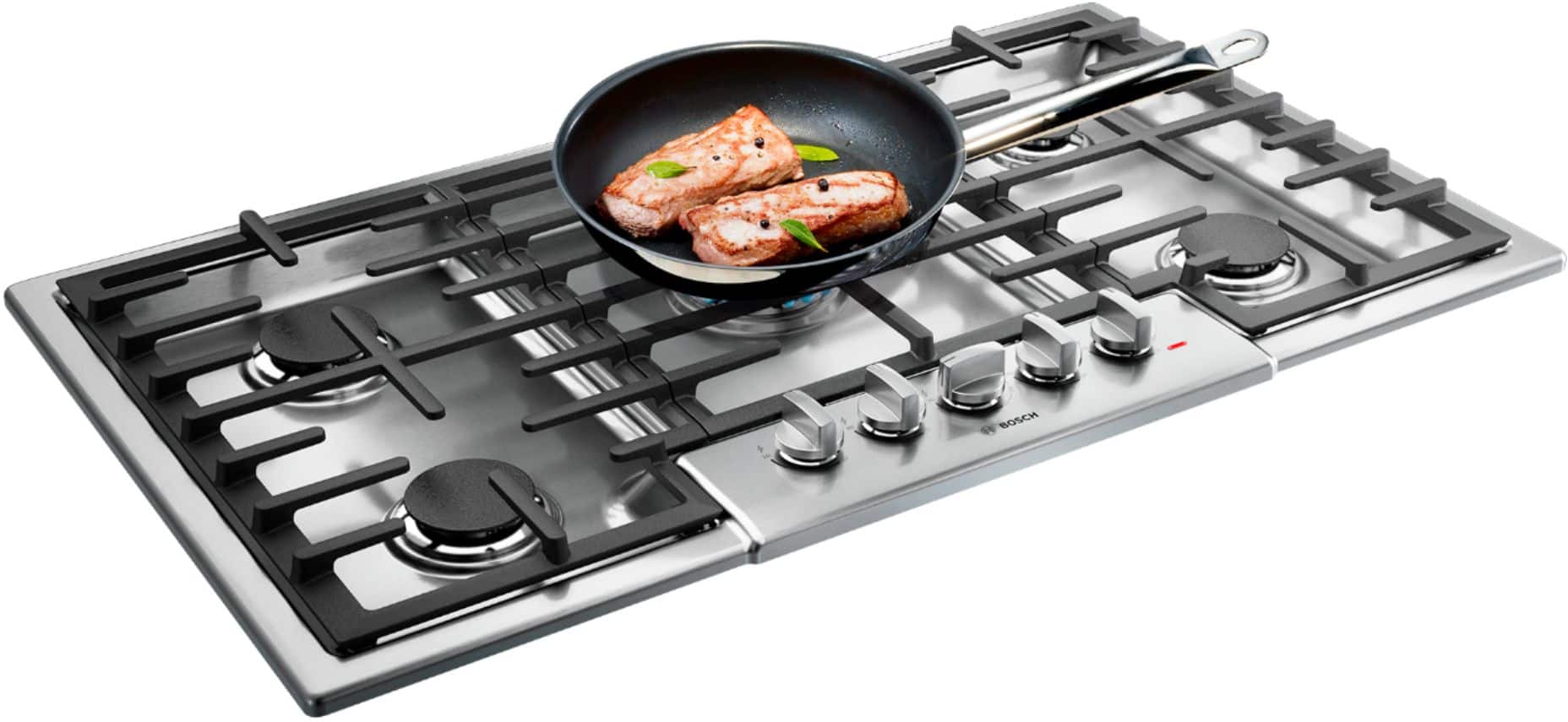 Angle. Bosch - 800 Series 36" Built-In Gas Cooktop with 5 burners and OptiSim - Stainless Steel.