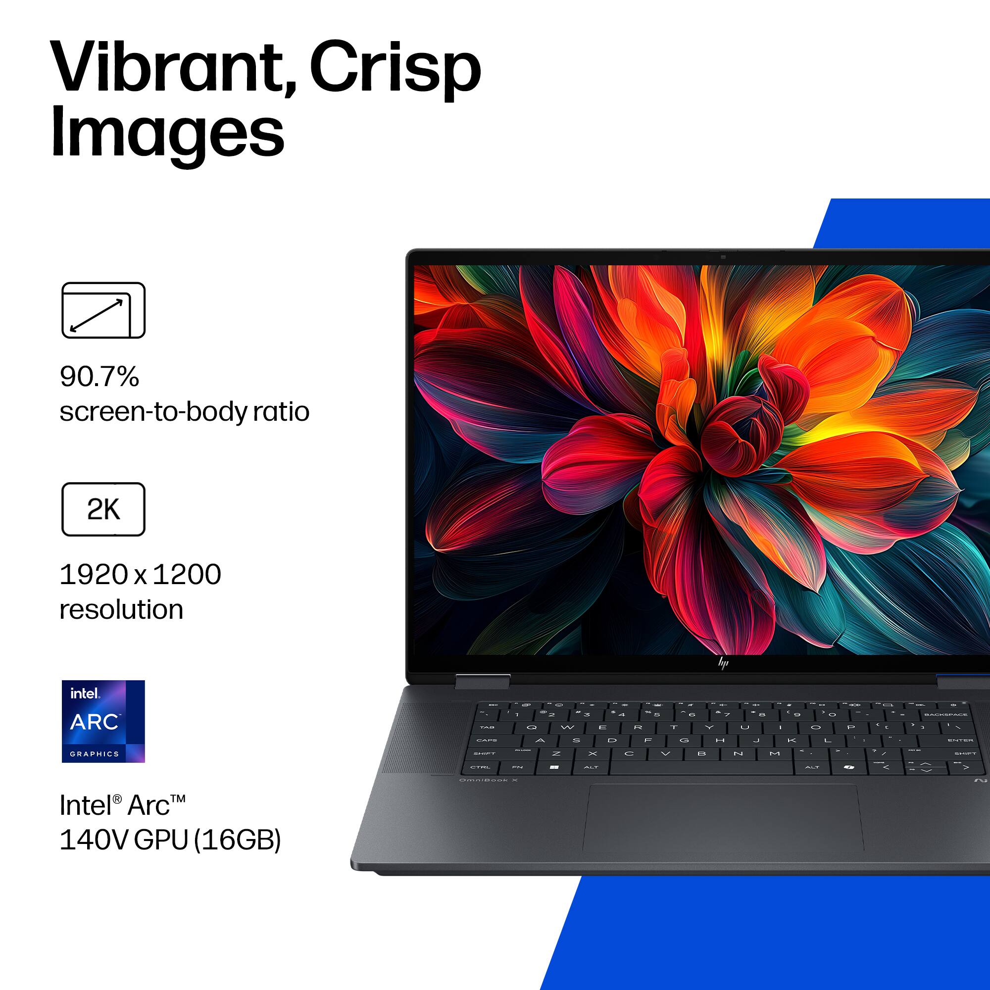 Vibrant, Crisp Images  
90.7% screen-to-body ratio  
2K 1920 x 1200 resolution  
Intel® Arc™ 140V GPU (16GB)