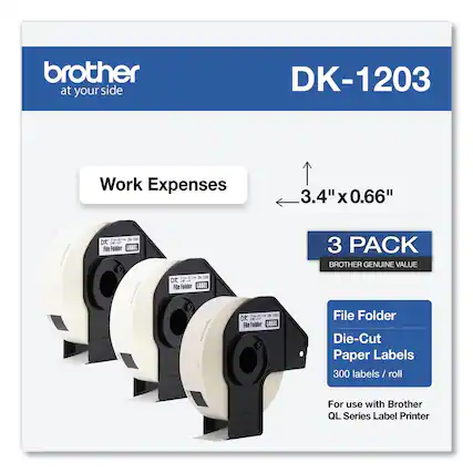 brother
at your side
DK-1203
Work Expenses
3.4" x 0.66"
3 PACK
BROTHER GENUINE VALUE
File Folder
Die-Cut
Paper Labels
300 labels / roll
For use with Brother QL Series Label Printer