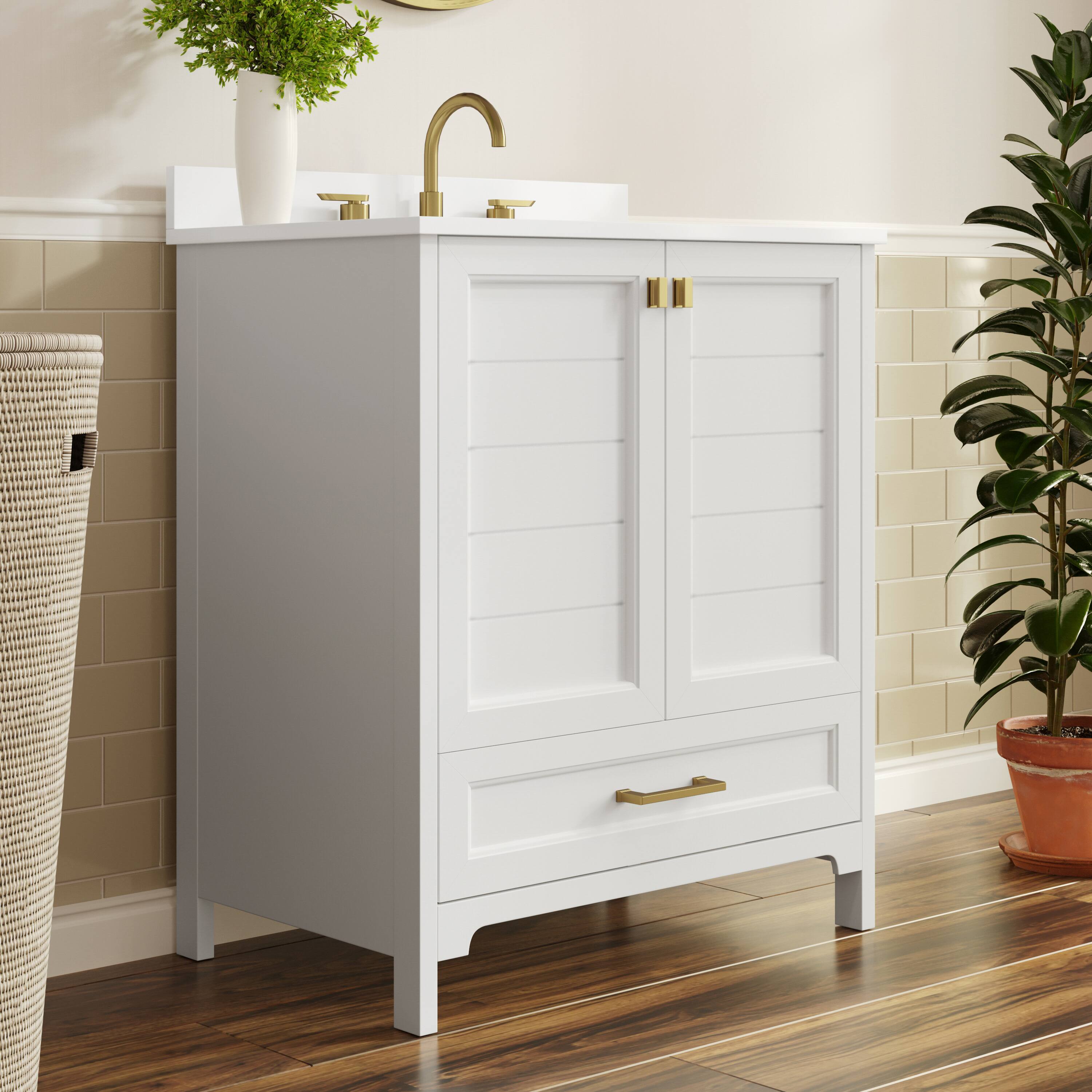 Alt View 2. Flash Furniture - Haven 30" Bathroom Vanity with Sink, Storage Cabinet with Gold Hardware, Soft Close Doors and Bottom Drawer, Carrara Mar - White.