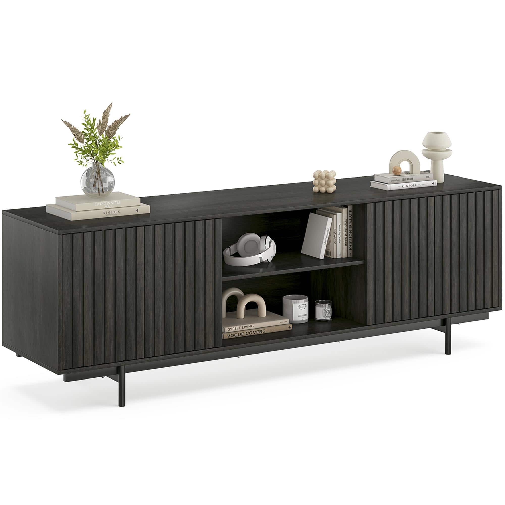 Boyel Living - Mid Century Modern TV Stand for TVs Up to 75" Farmhouse Fluted TV Stand - Black