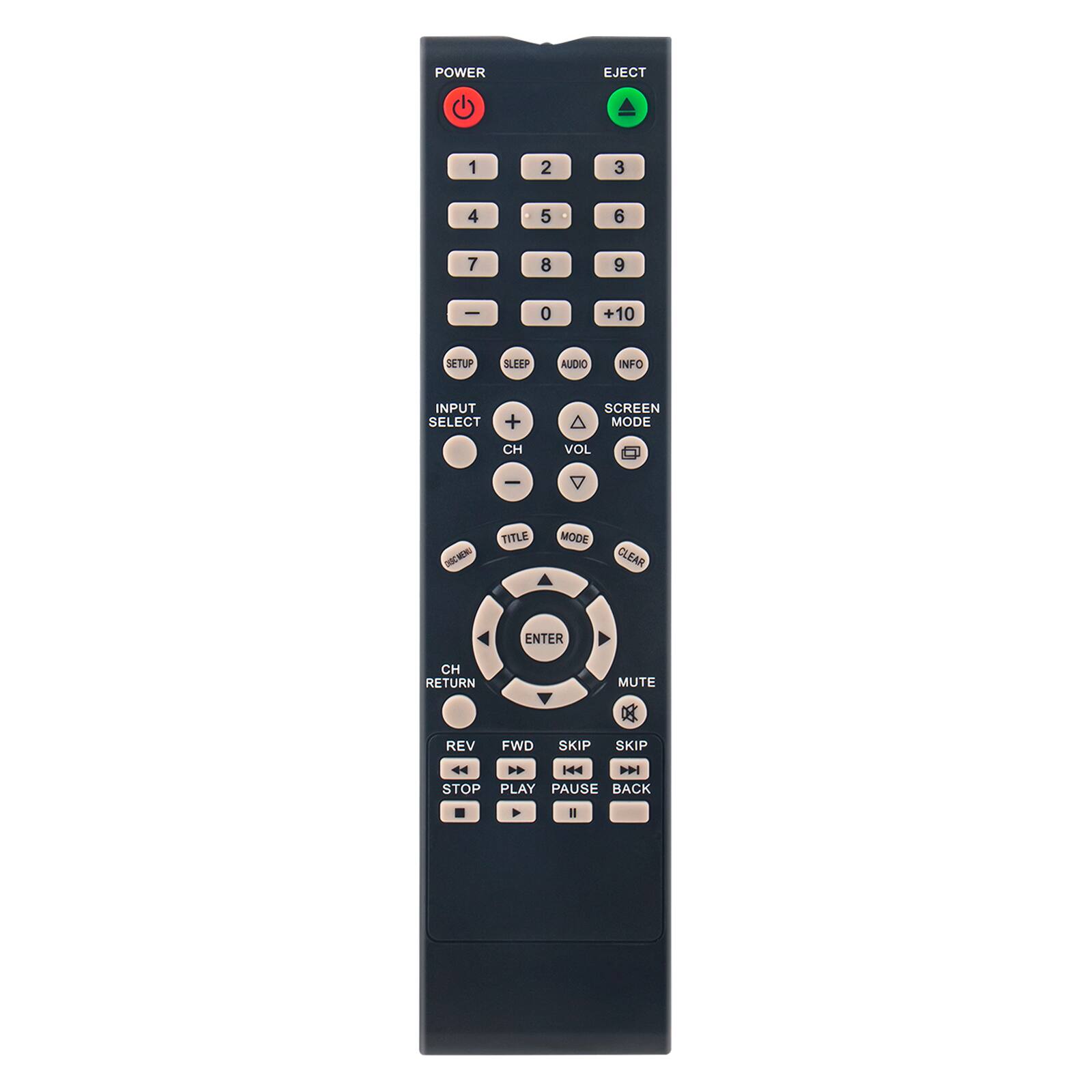 POWER EJECT 1 2 3 4 5 6 7 8 9 0 +10 SETUP SLEEP AUDIO INFO INPUT SELECT + SCREEN MODE CH VOL - S TITLE MODE CLEAR ENTER CH RETURN MUTE REV FWD SKIP SKIP 144 144 STOP PLAY PAUSE BACK