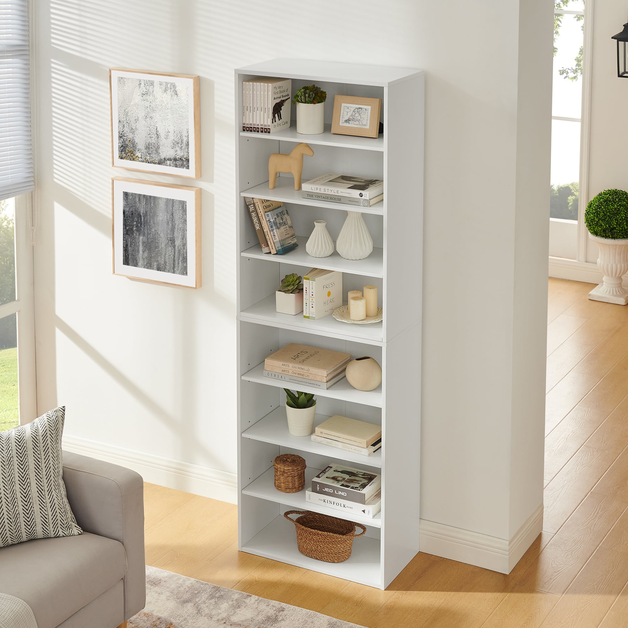 Spaco - CD DVD Storage Cabinet with 8 Adjustable Shelves, Splits into Two Bookcases for Home Office - White
