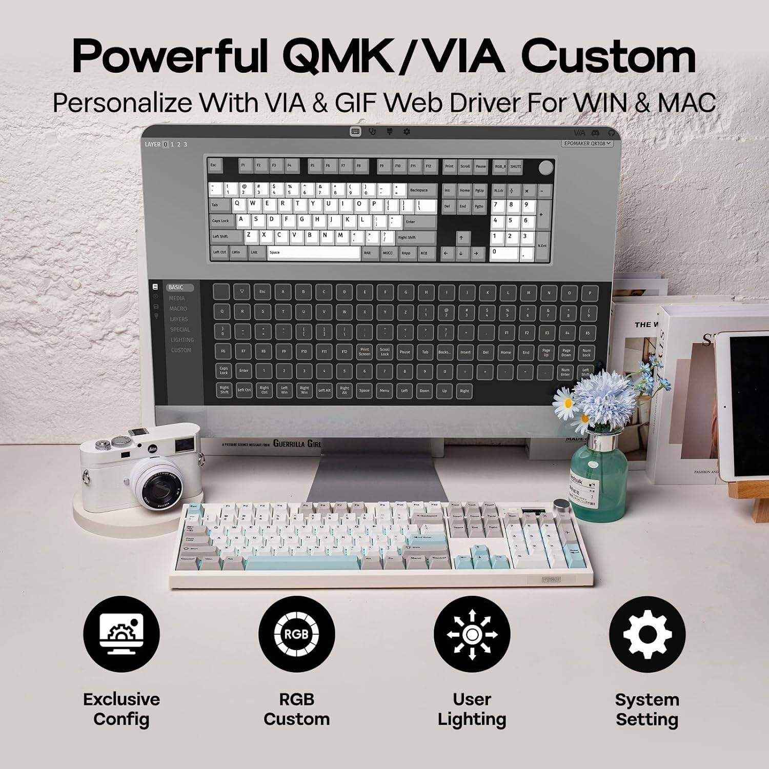 Powerful QMK/VIA Custom  
Personalize With VIA & GIF Web Driver For WIN & MAC  

Exclusive Config  
RGB Custom  
User Lighting  
System Setting