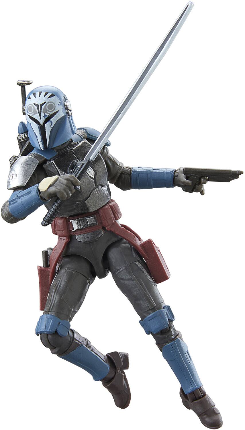 The image shows a figure of a character in a blue helmet and armor, holding a sword in one hand and a blaster in the other.