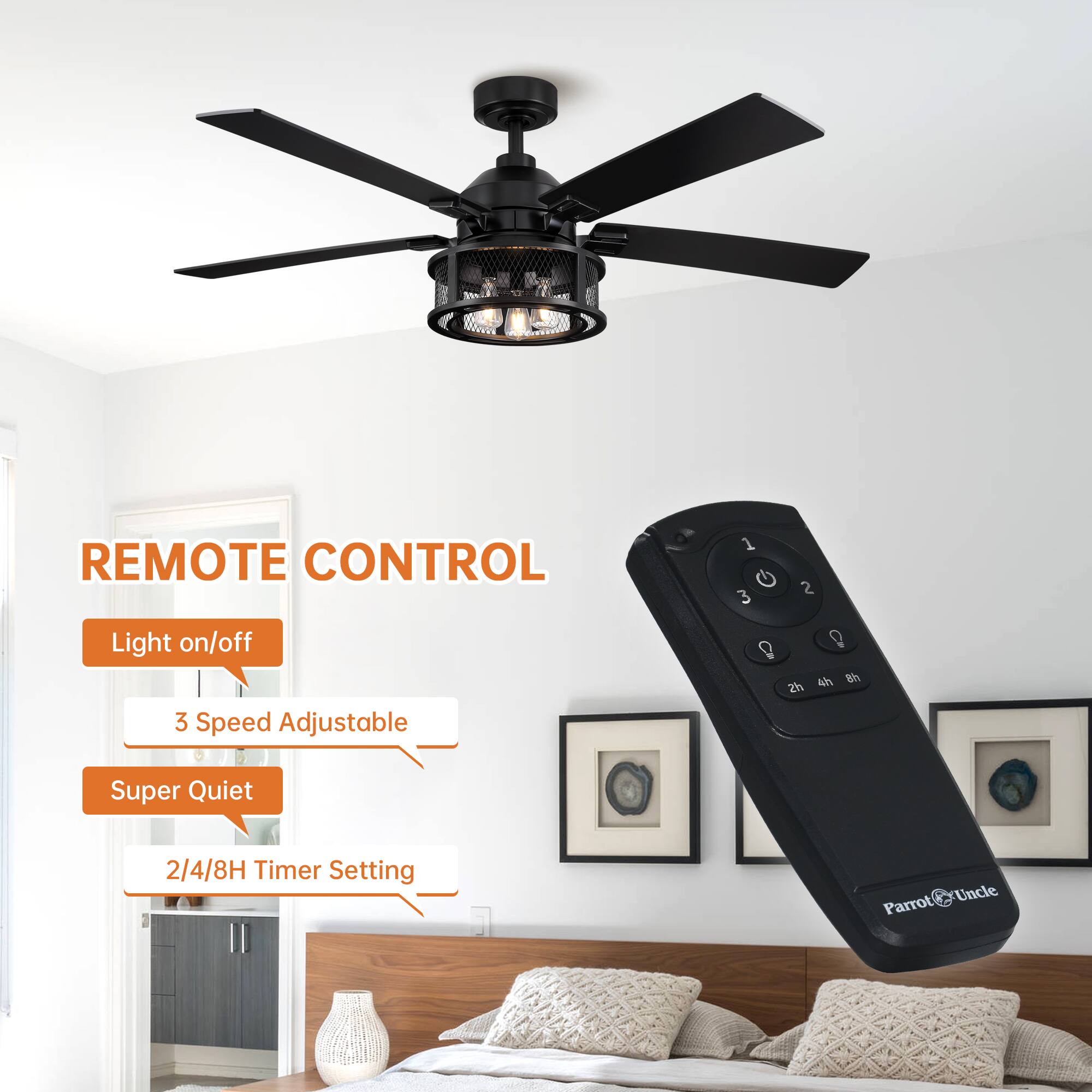 REMOTE CONTROL

- Light on/off
- 3 Speed Adjustable
- Super Quiet
- 2/4/8H Timer Setting

Parrot@Uncle