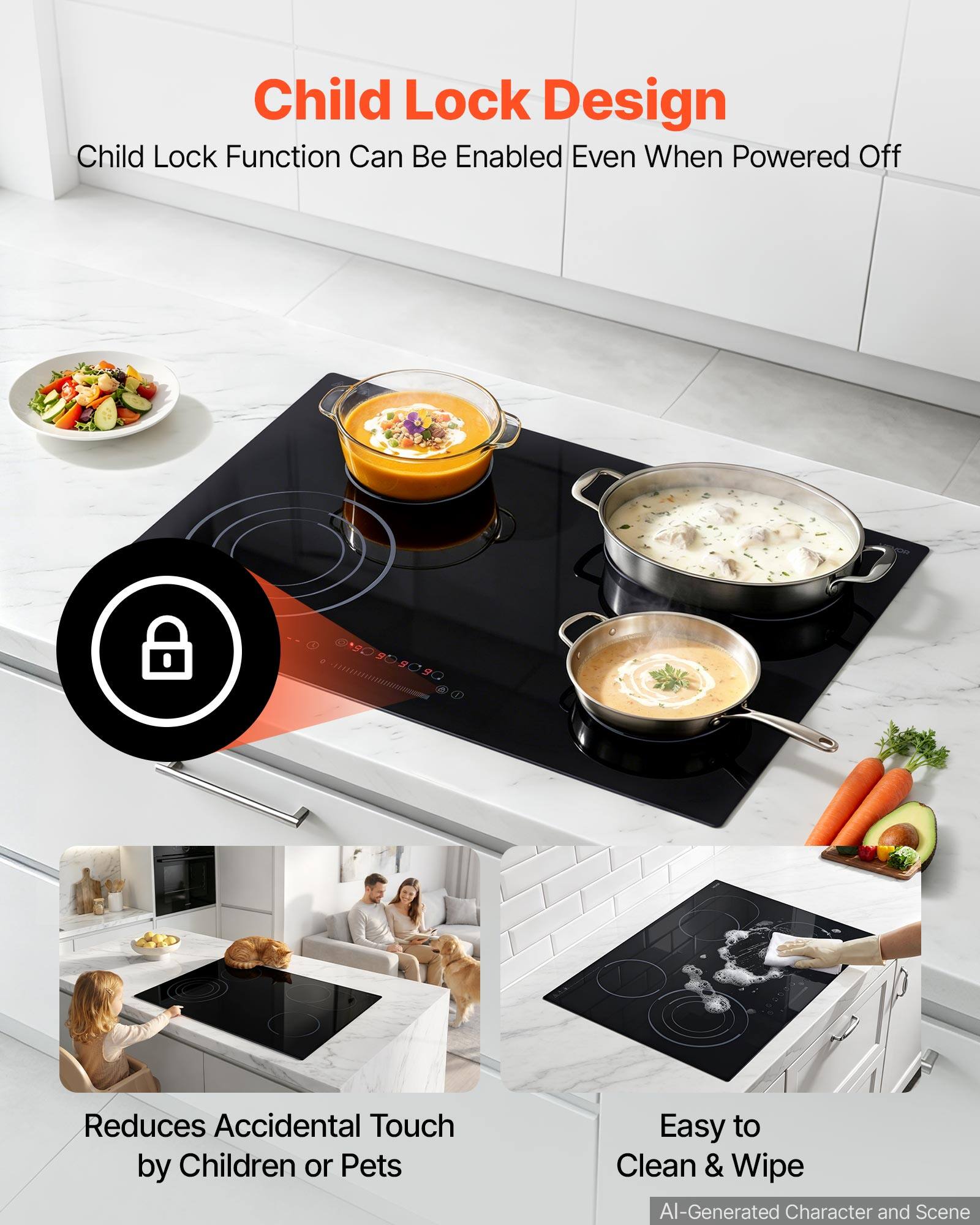 Child Lock Design  
Child Lock Function Can Be Enabled Even When Powered Off  

Reduces Accidental Touch by Children or Pets  

Easy to Clean & Wipe  

AI-Generated Character and Scene